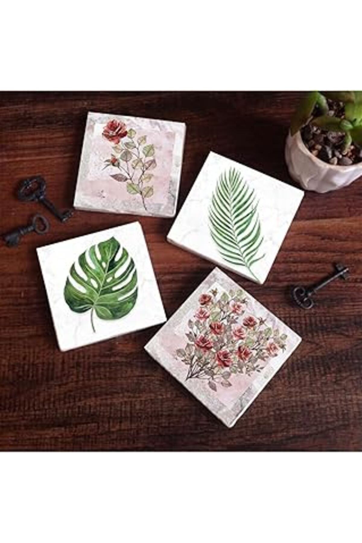 Mu Art Pinecone Gül Çiçek, Yaprak Taş Bardak Altlığı Seti - 4 Parça - Dekoratif, Rustik Mutfak Aksesuarı,
