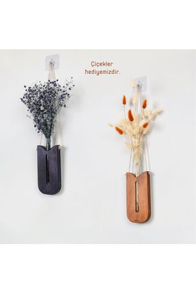 orearts İkili Ahşap Lale Duvar Vazosu Seti 2'li Set (ÇİÇEKLERLE BİRLİKTE)