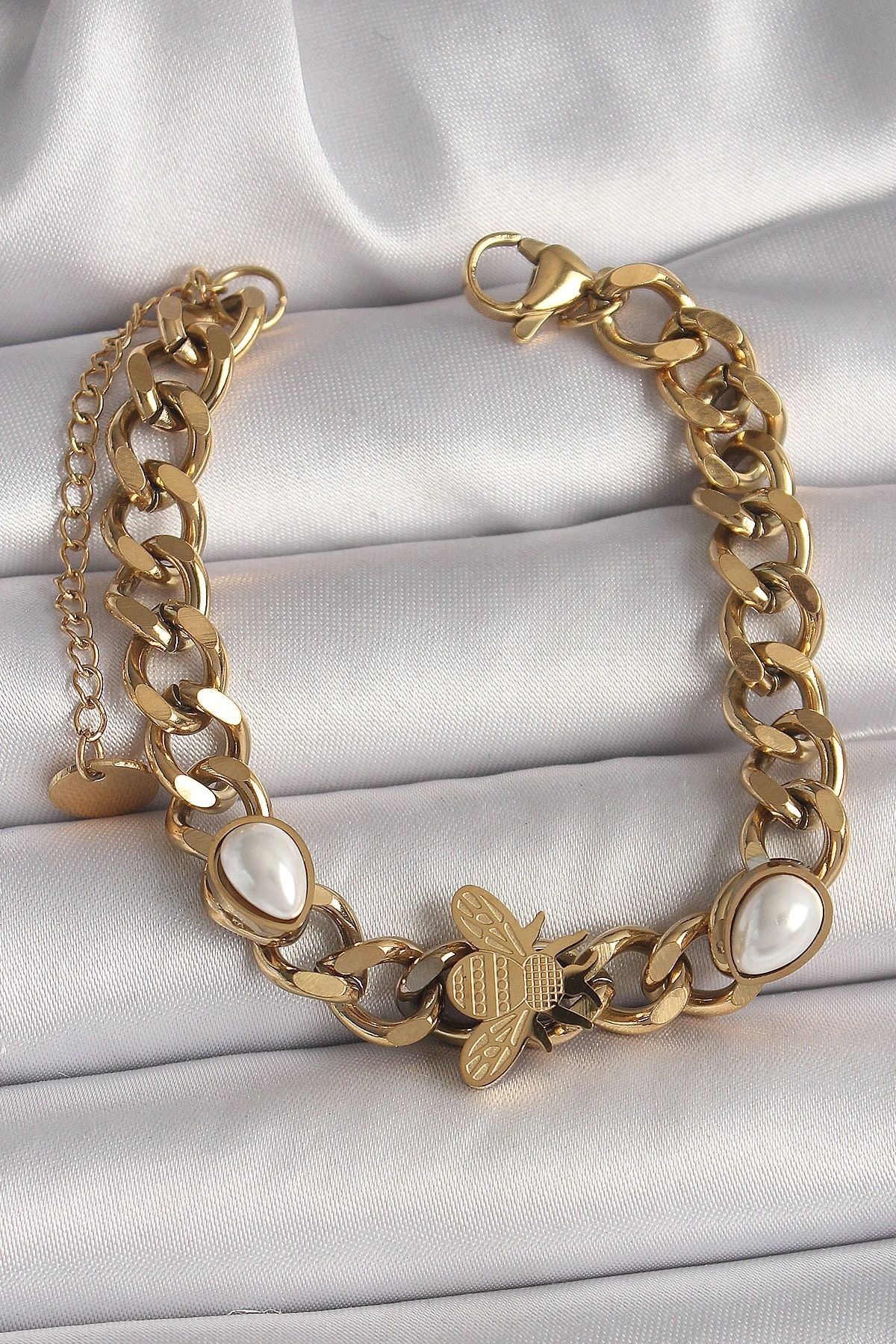 shopwave 316L Çelik Gold Renk Kalın Zincir Model Arı Figür Damla İnci Detay Kadın Bileklik