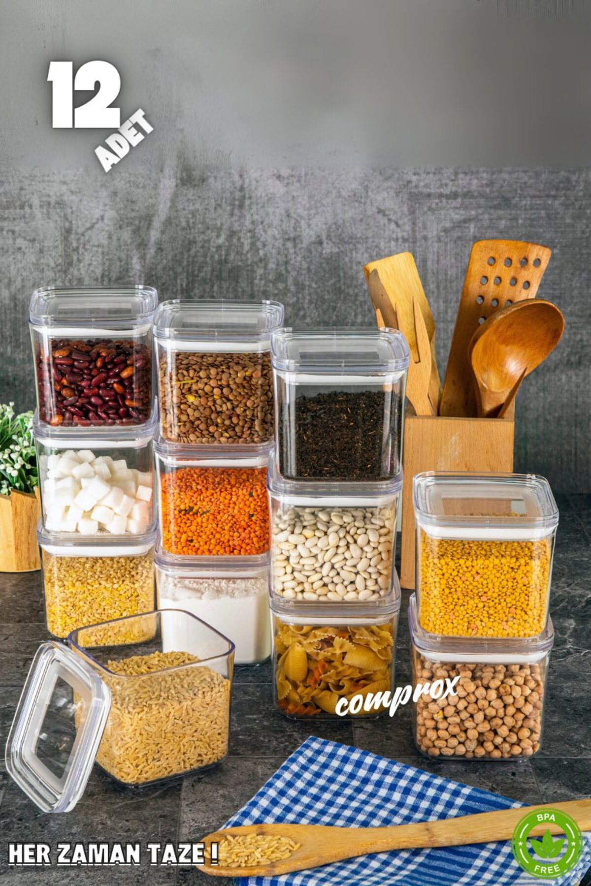 Comprox 12'li 700ml Sert Kare Erzak Saklama Kabı Seti - Vakumlu