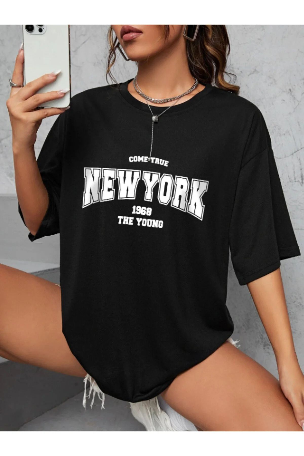 donamod Büyük Beden The Young New York 1968 Baskılı Oversize T-shirt
