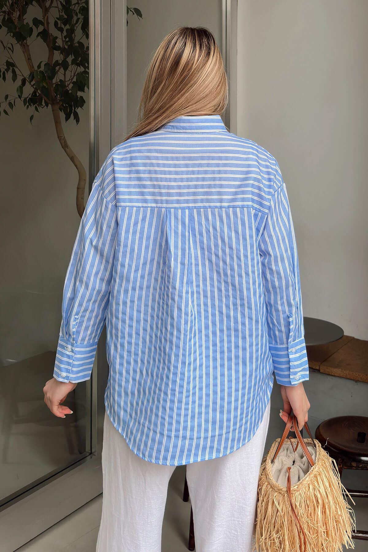 Swist-Blue Double Cuff Striped Single Pocket Shirt Collar Women's Shirt 5