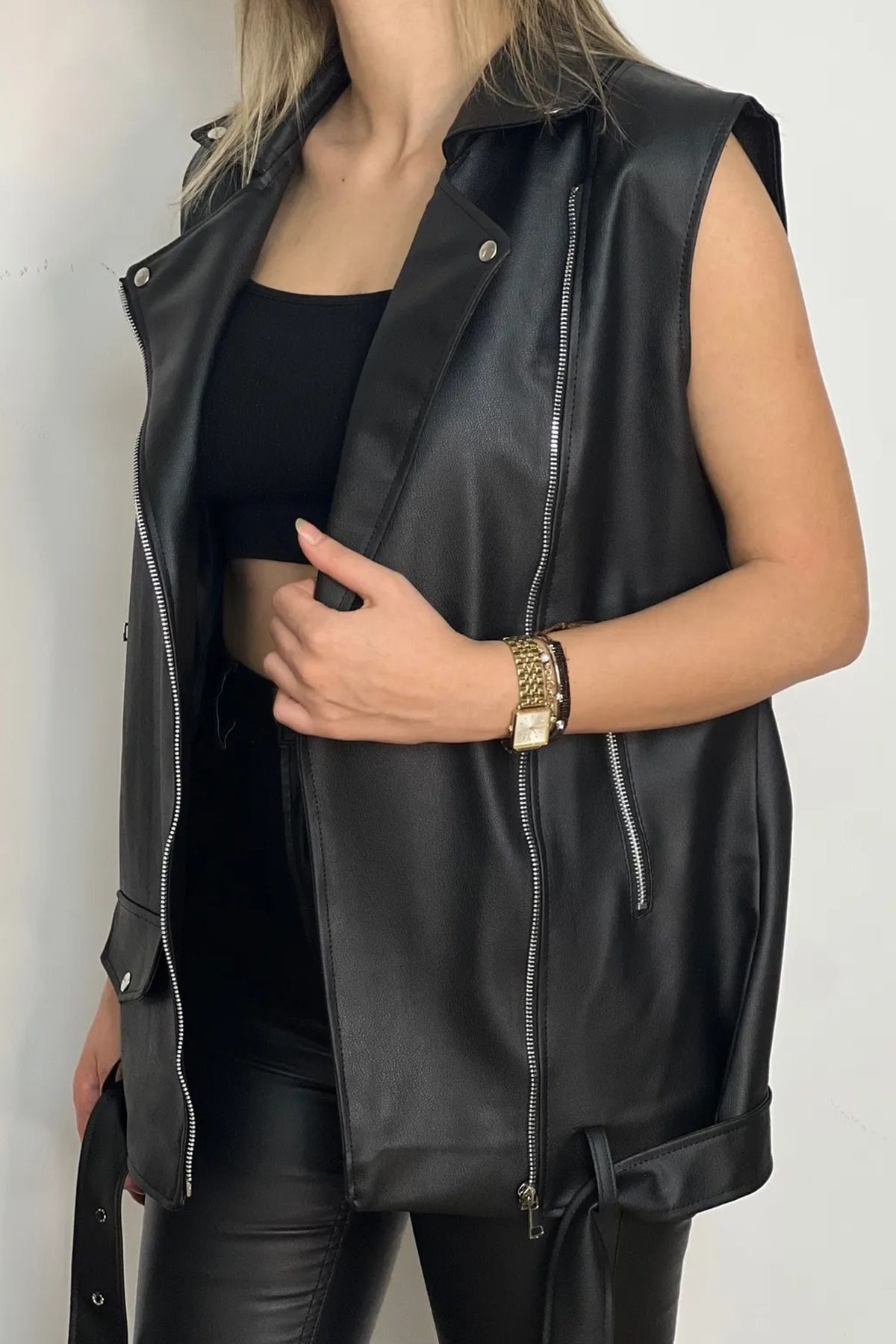 Jaglion-Vestă oversize din piele neagră pentru femei 3