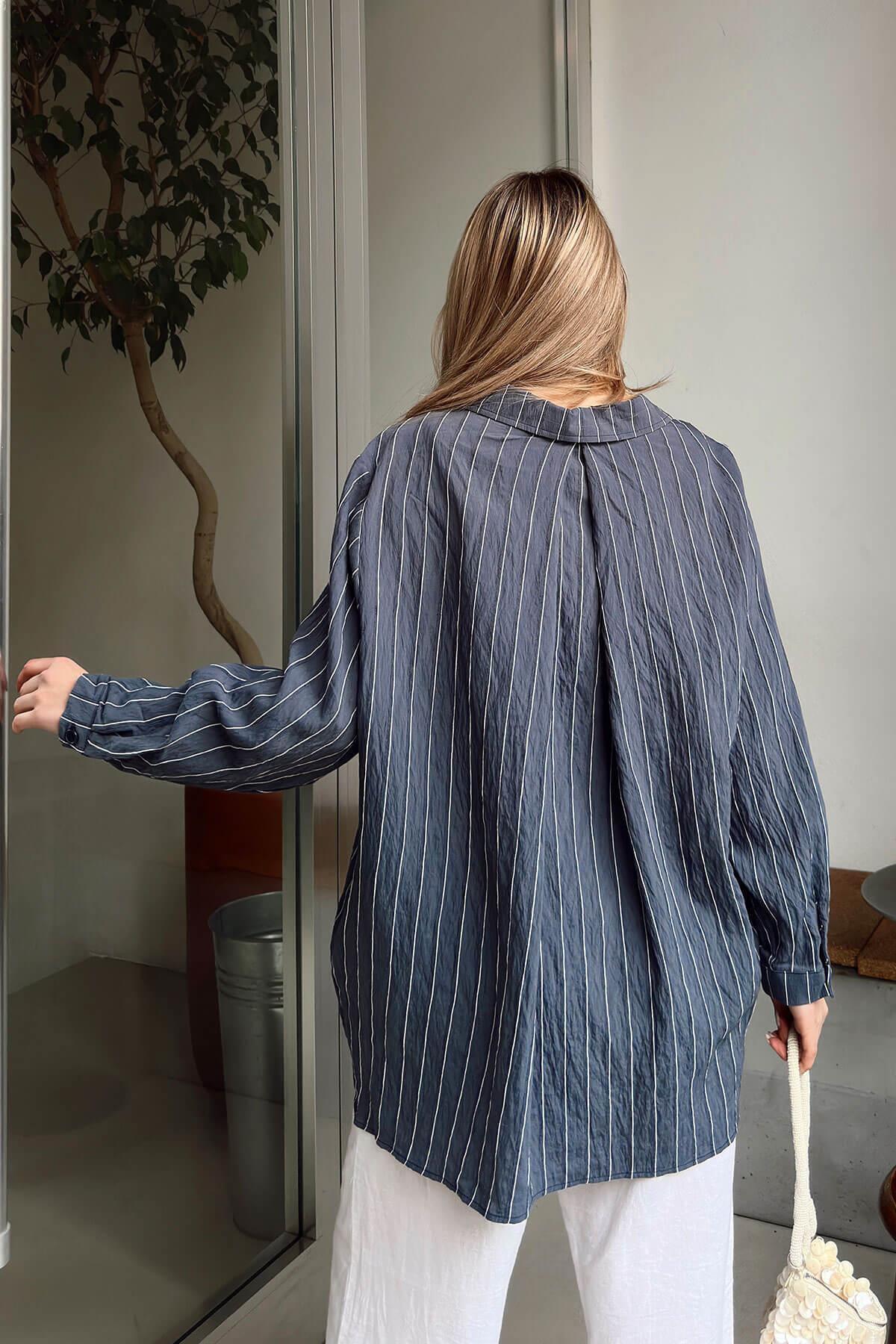 Swist-Smoked Zis Striped A-Pile Single Pocket Women's Oversize Shirt 5