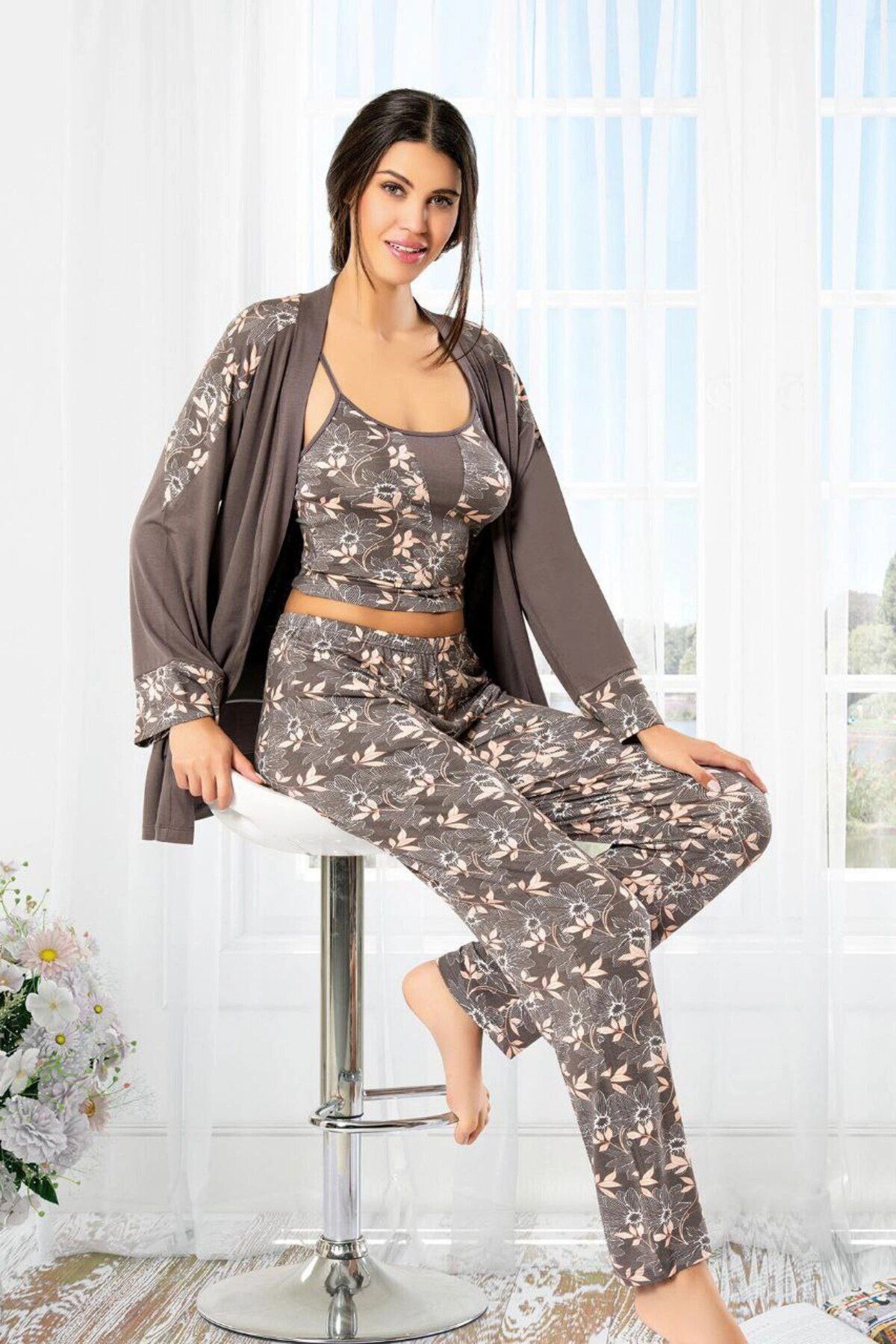 bacc Set Pijamale Cu Flori Afumate Pentru Femei Bcan- 258901 Fa Femeie - 2XL