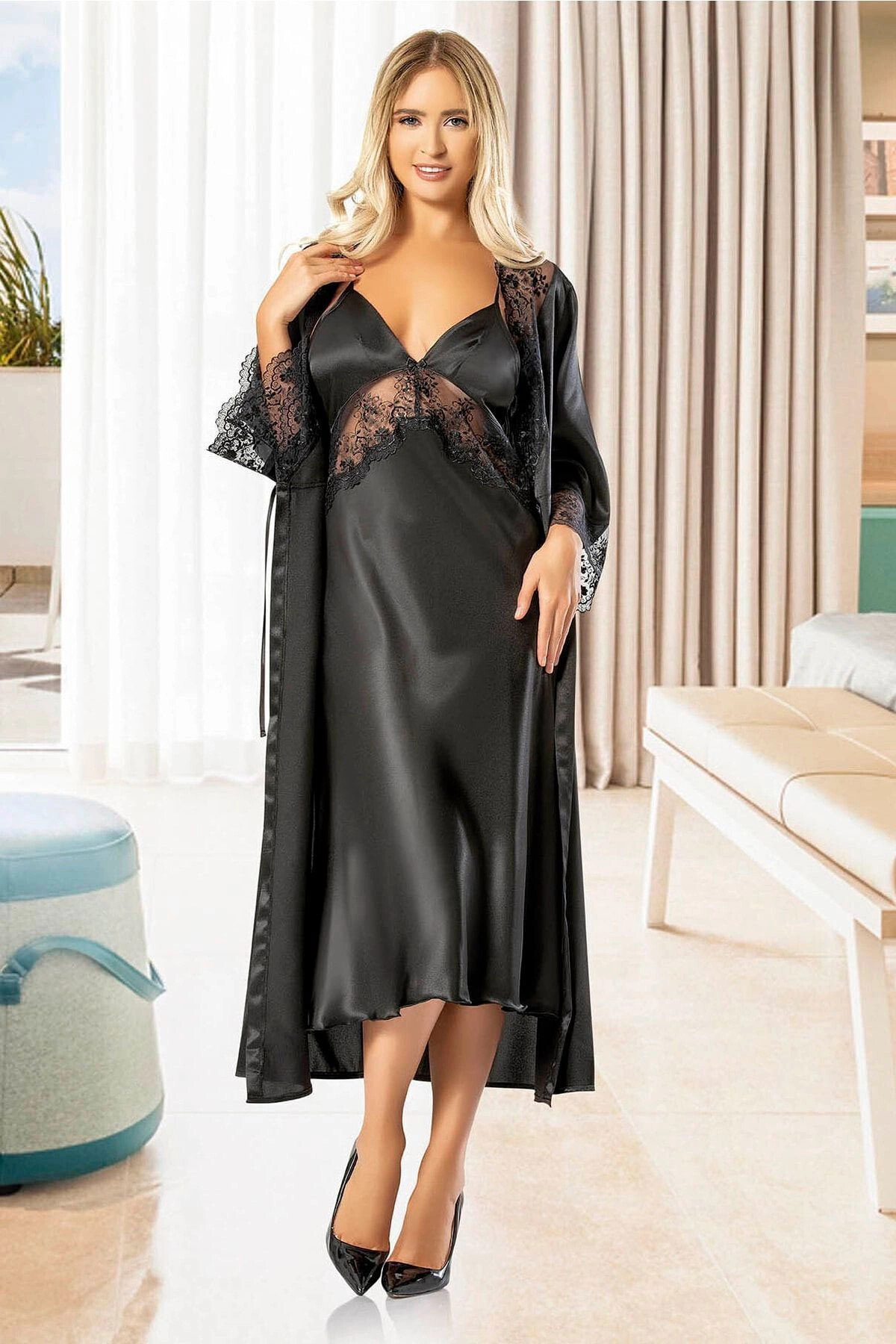 bacc Kadın Siyah Saten Dantel Detaylı Gecelik Sabahlık Ikili Takım Bcan-252608fa