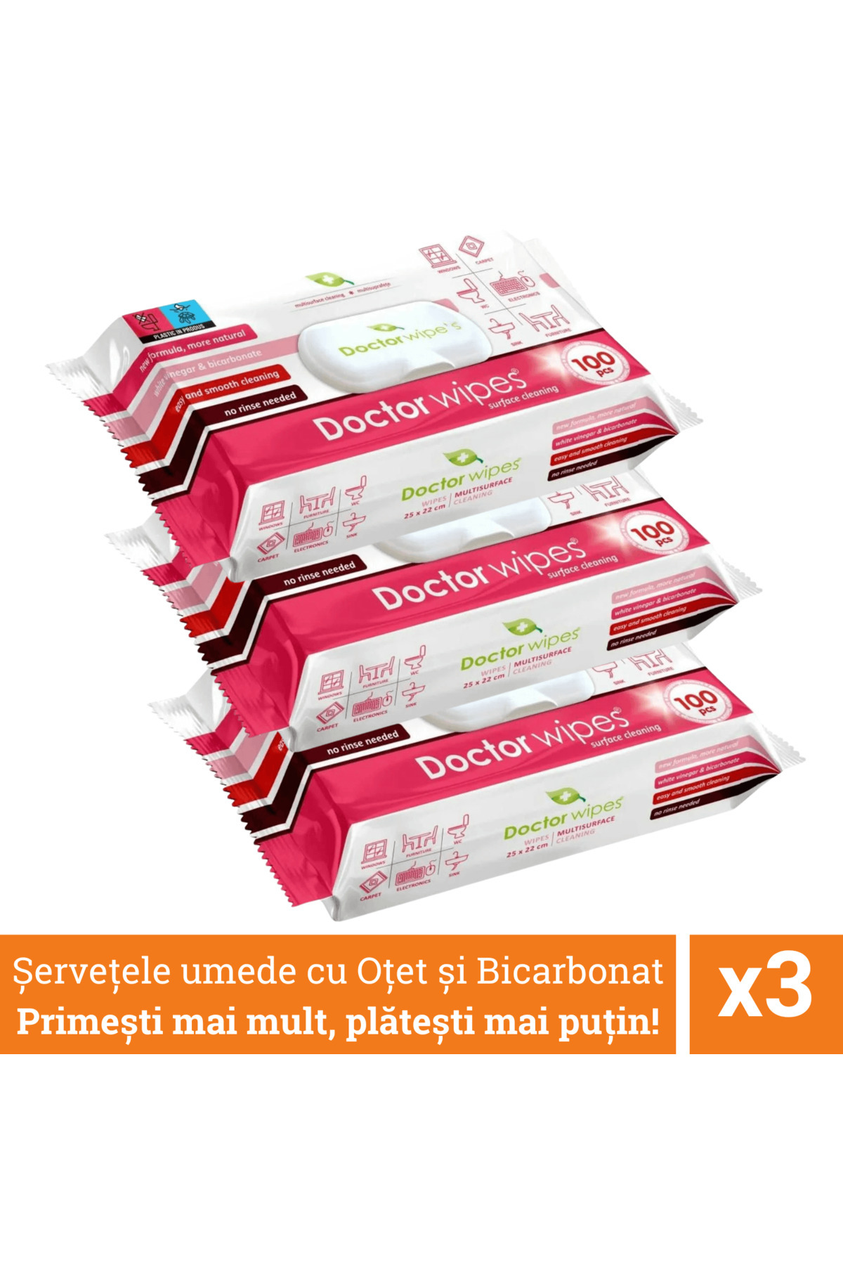 DOCTOR WIPES Propagační balíček: 3 vlhčené ubrousky s jedlou sodou a octem, p...