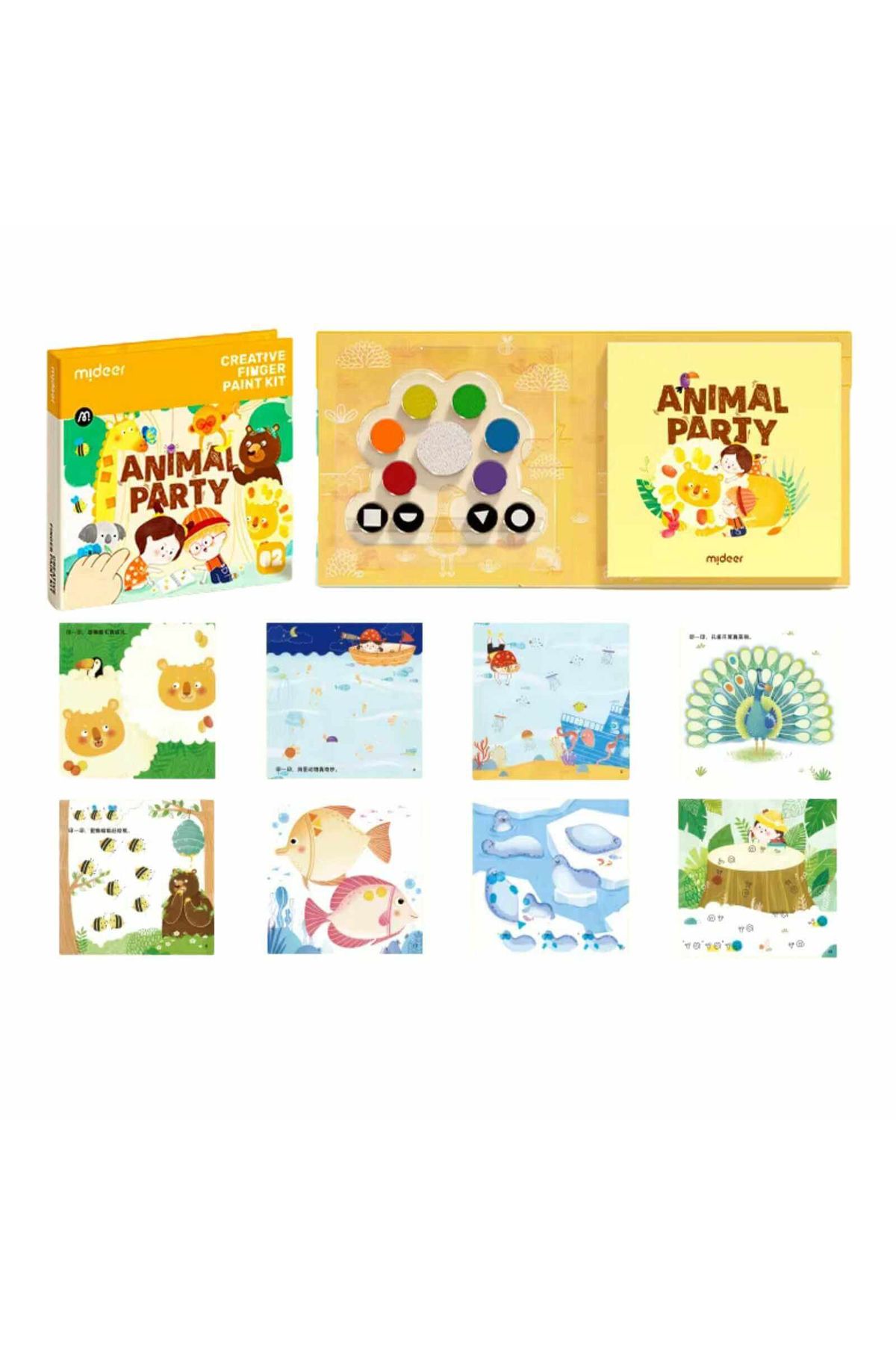 Mideer-Carte de Pictat cu Degetele, Nivel 2, Intermediar, 50 pagini,Animal Party,Creative Finger Paint Kit 2