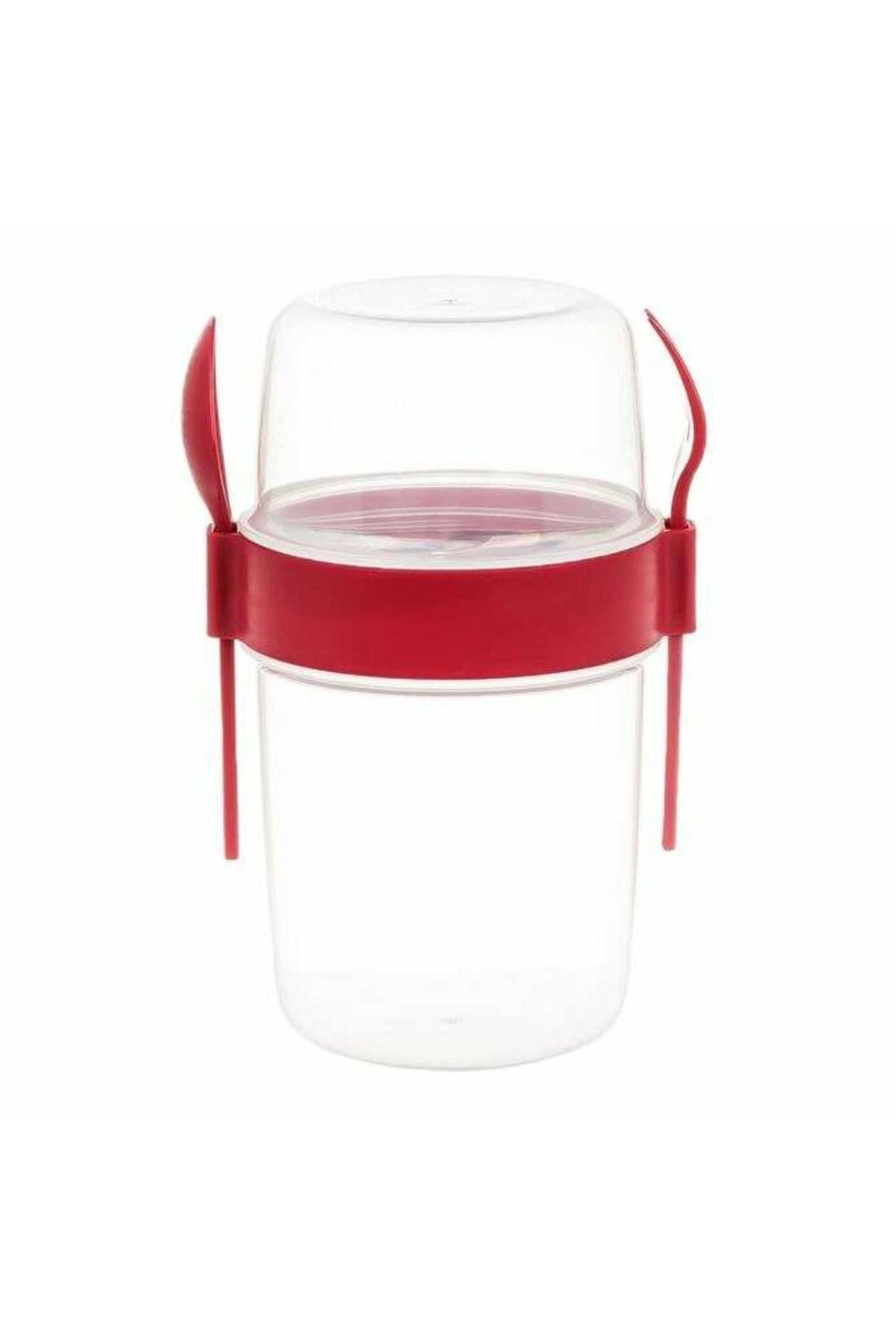 Micostore-Yogurt Cup With Cereal Container, Fork And Spoon, 600 Ml, Transparent Casserole, Red 1