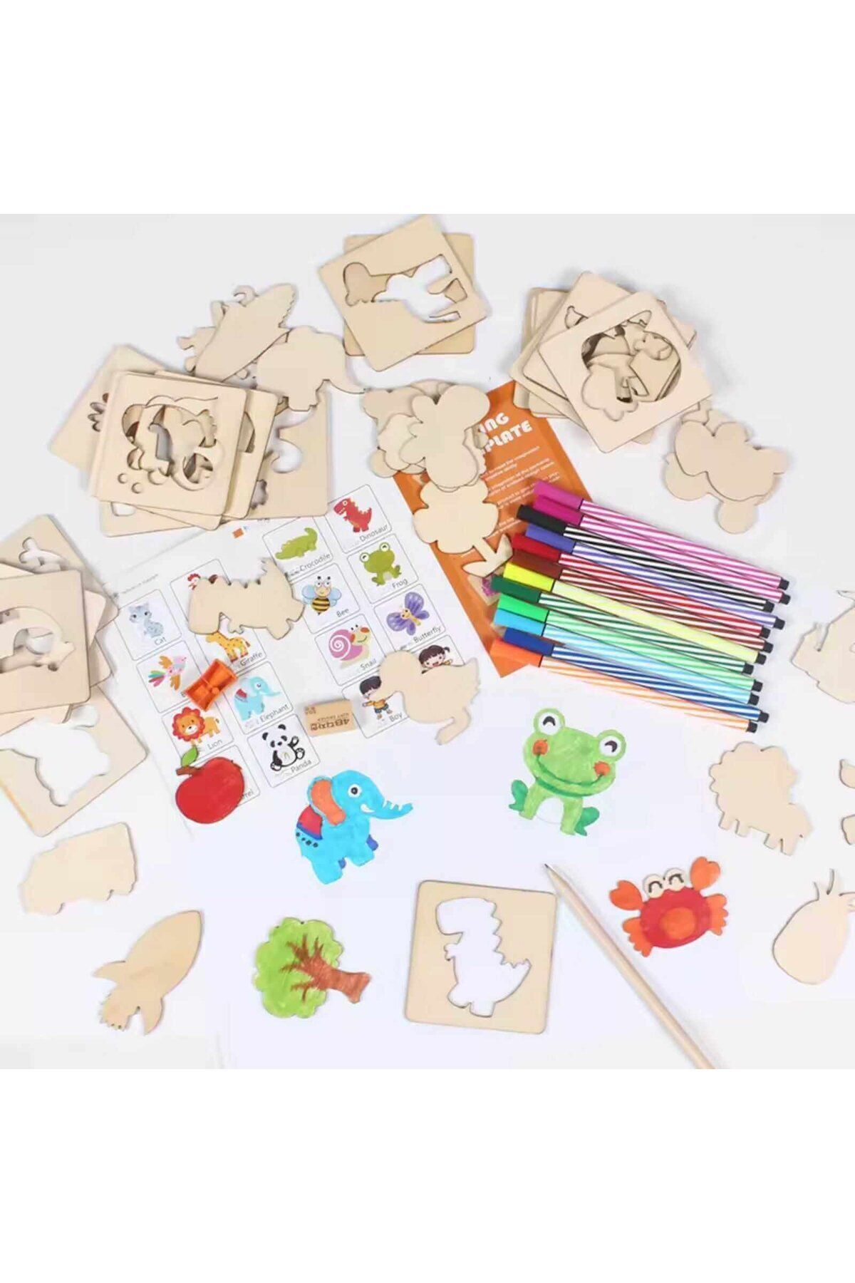 Micostore-Set 50 sablone desen, din lemn, trusa cu accesorii de colorat 3