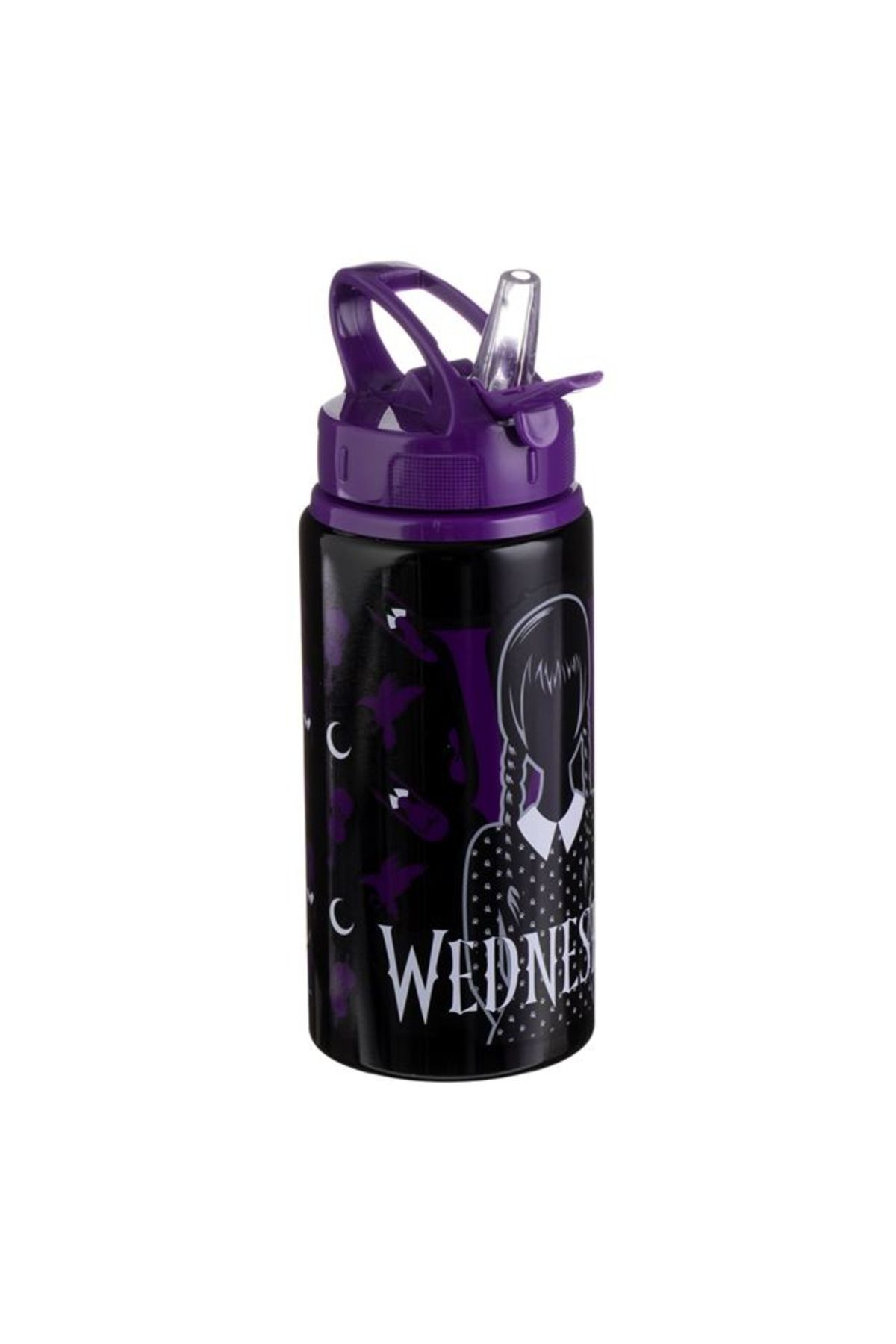 Micostore Sticla De Apa Copii, Cu Pai, Miercuri, Aluminiu, 500 Ml, Negru Si Mov, Flip Top, Bidon - One Size