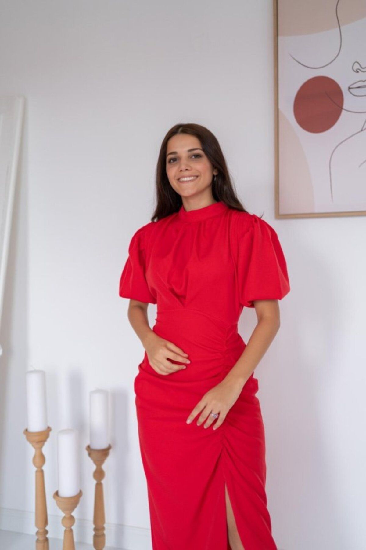 MRA Fashion Kırmızı Yırtmaçlı Class Elbise