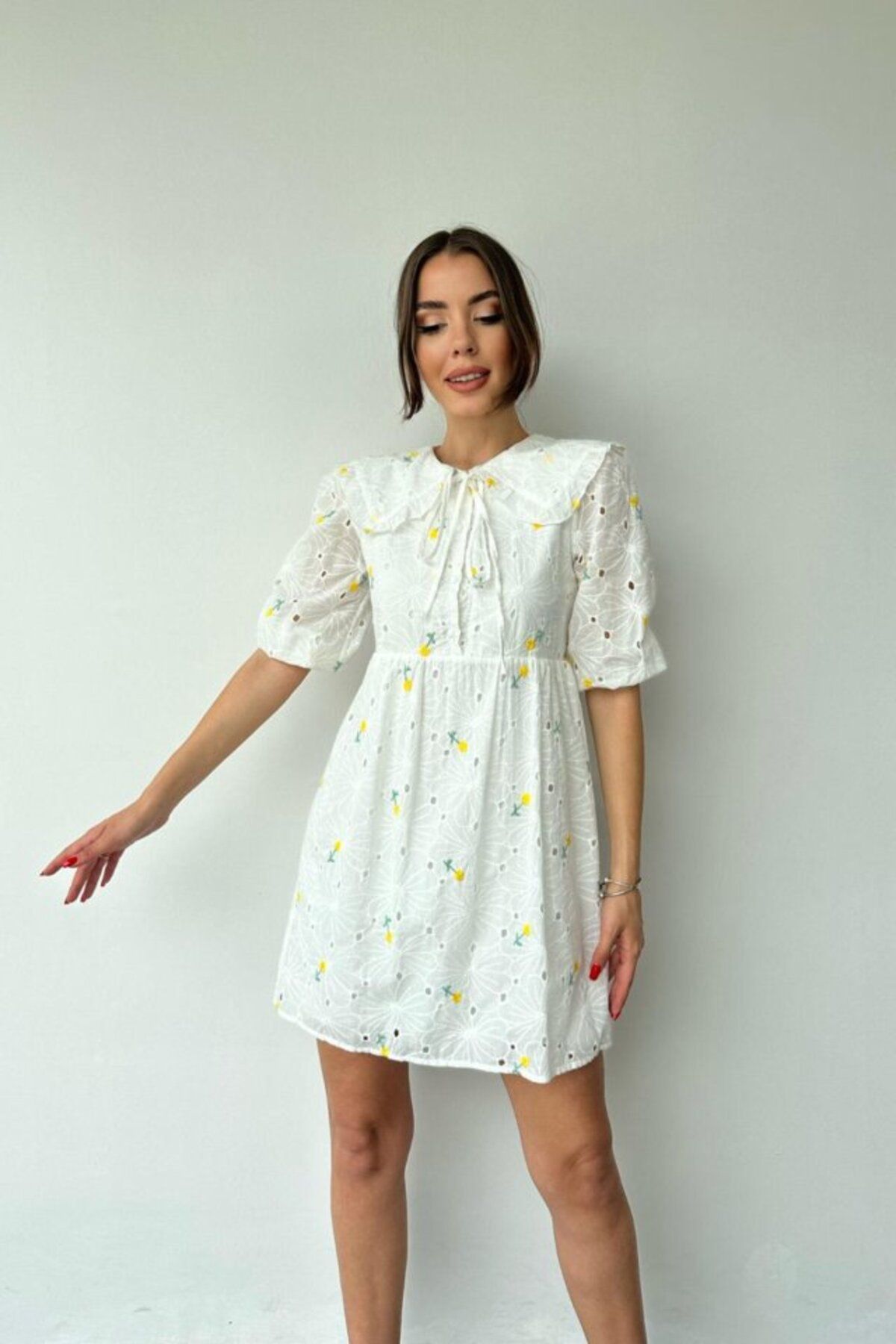 MRA Fashion Sarı Bebe Yakalı Brode Elbise