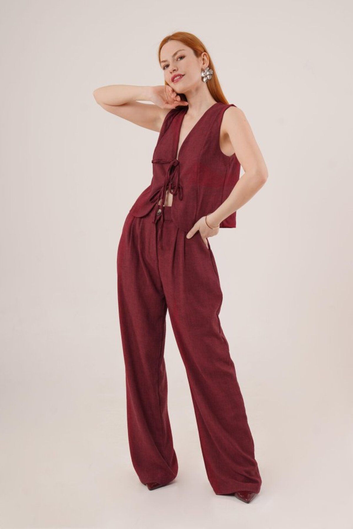 ASFSTORE Ön Bağlama Detaylı Yelek Ve Pantolon Bordo İkili Takım