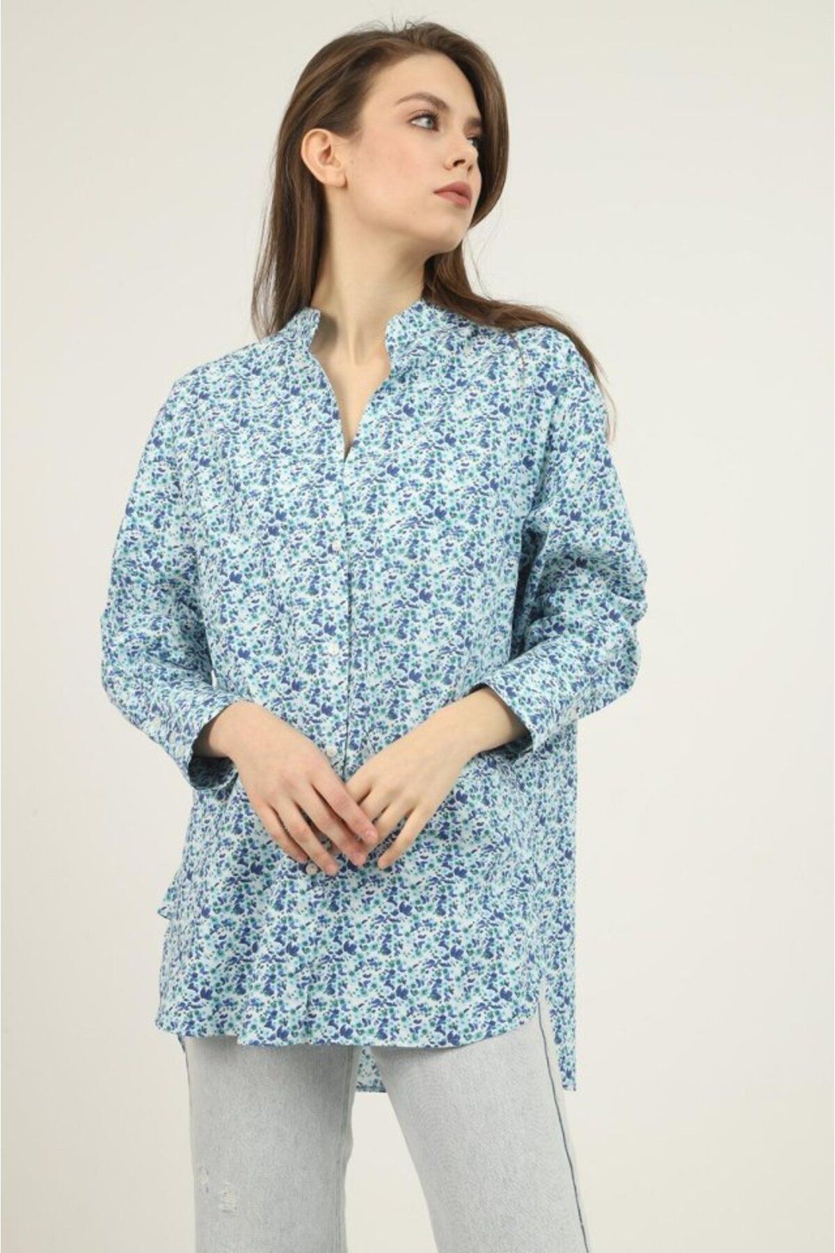 MRA Fashion Mavi V Yakalı Ve Desenli Gömlek
