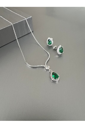 Zeta Jewel Sevgiliye Hediye 925 Ayar Gümüş Zümrüt Taşlı Kolye Küpe Set -Zarif...