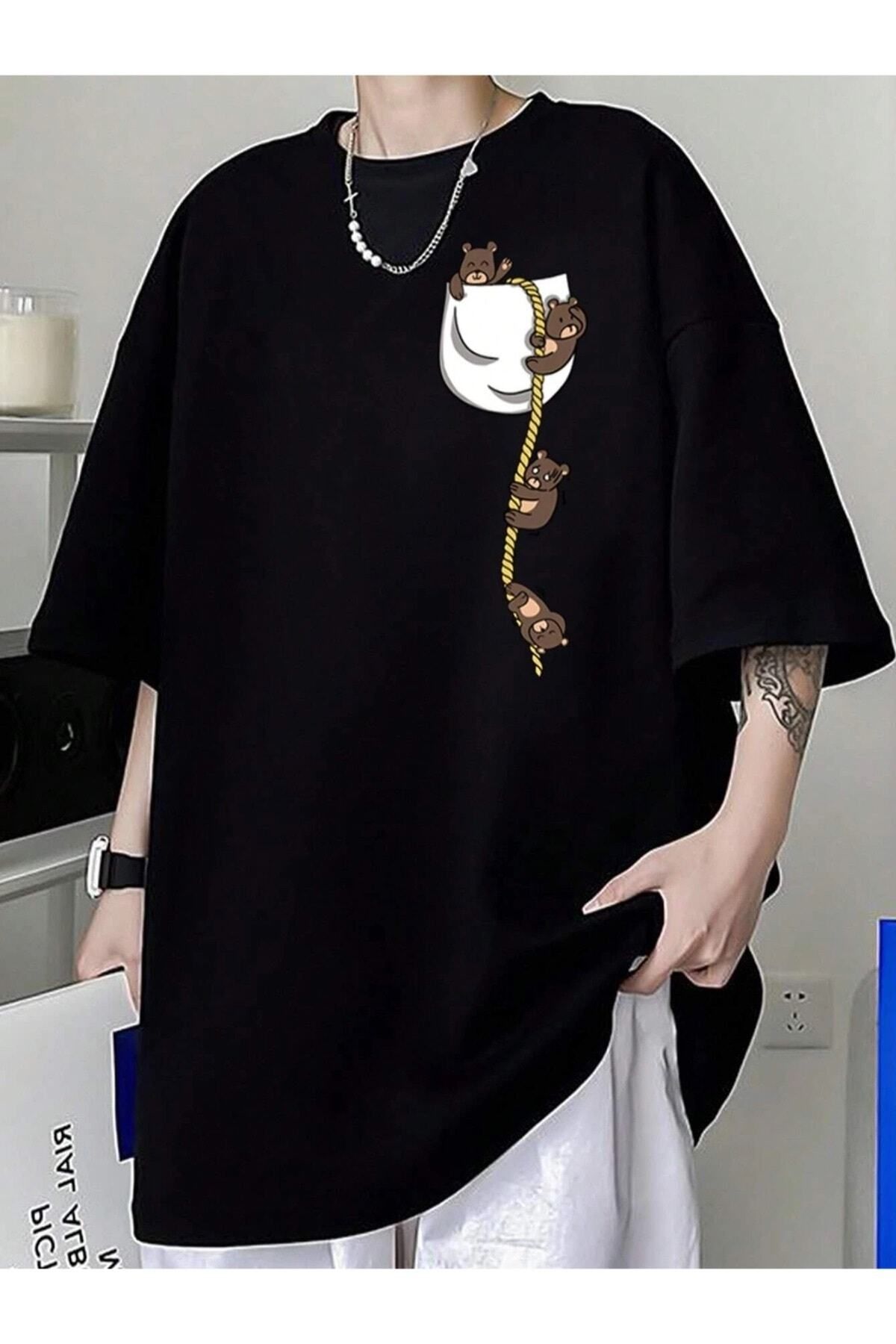 Tarzsokak Cep Ayıcık Baskılı Oversize Unisex Pamuk
