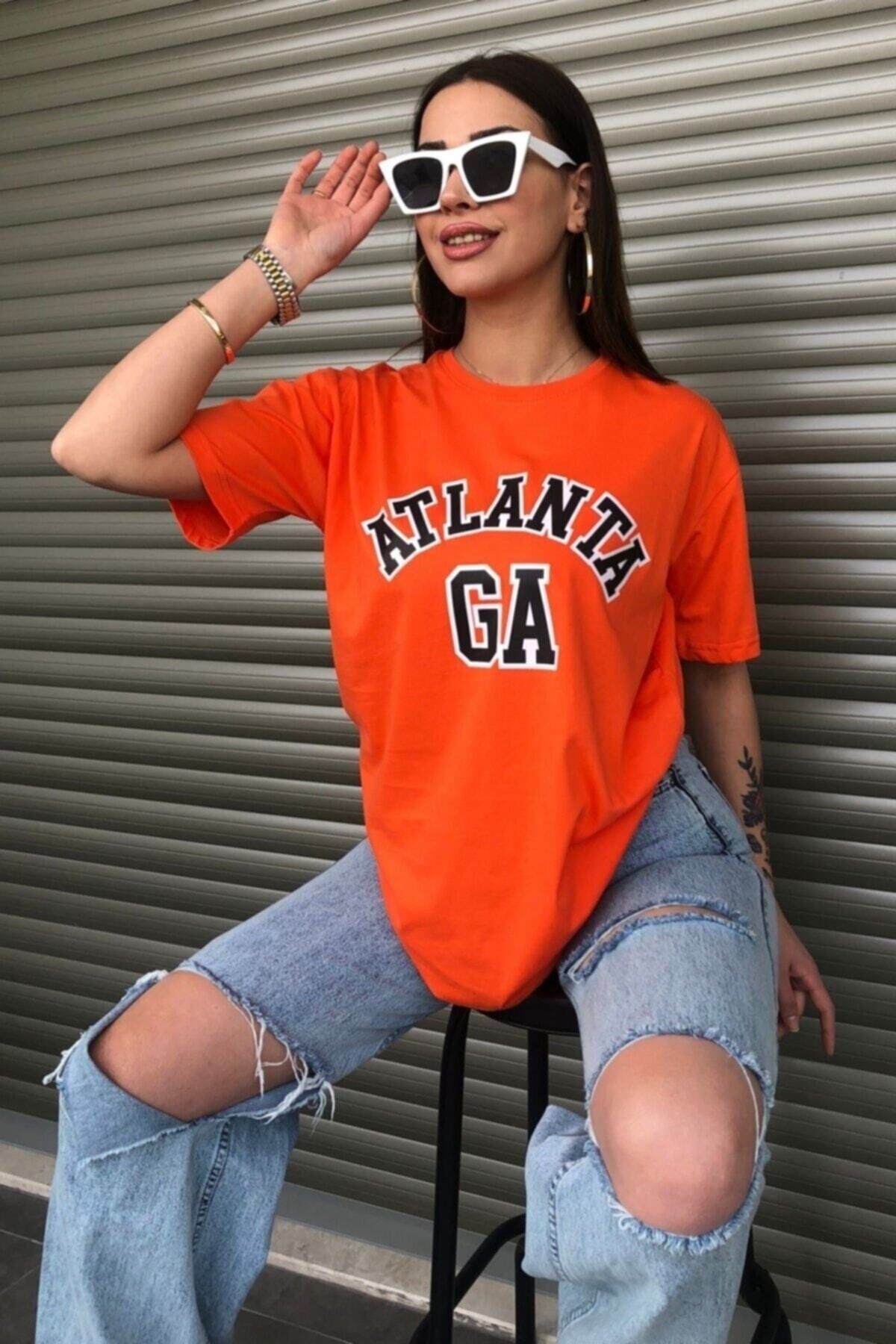 ModaSphere Kadın Turuncu Atlanta Baskılı Oversize Tshirt
