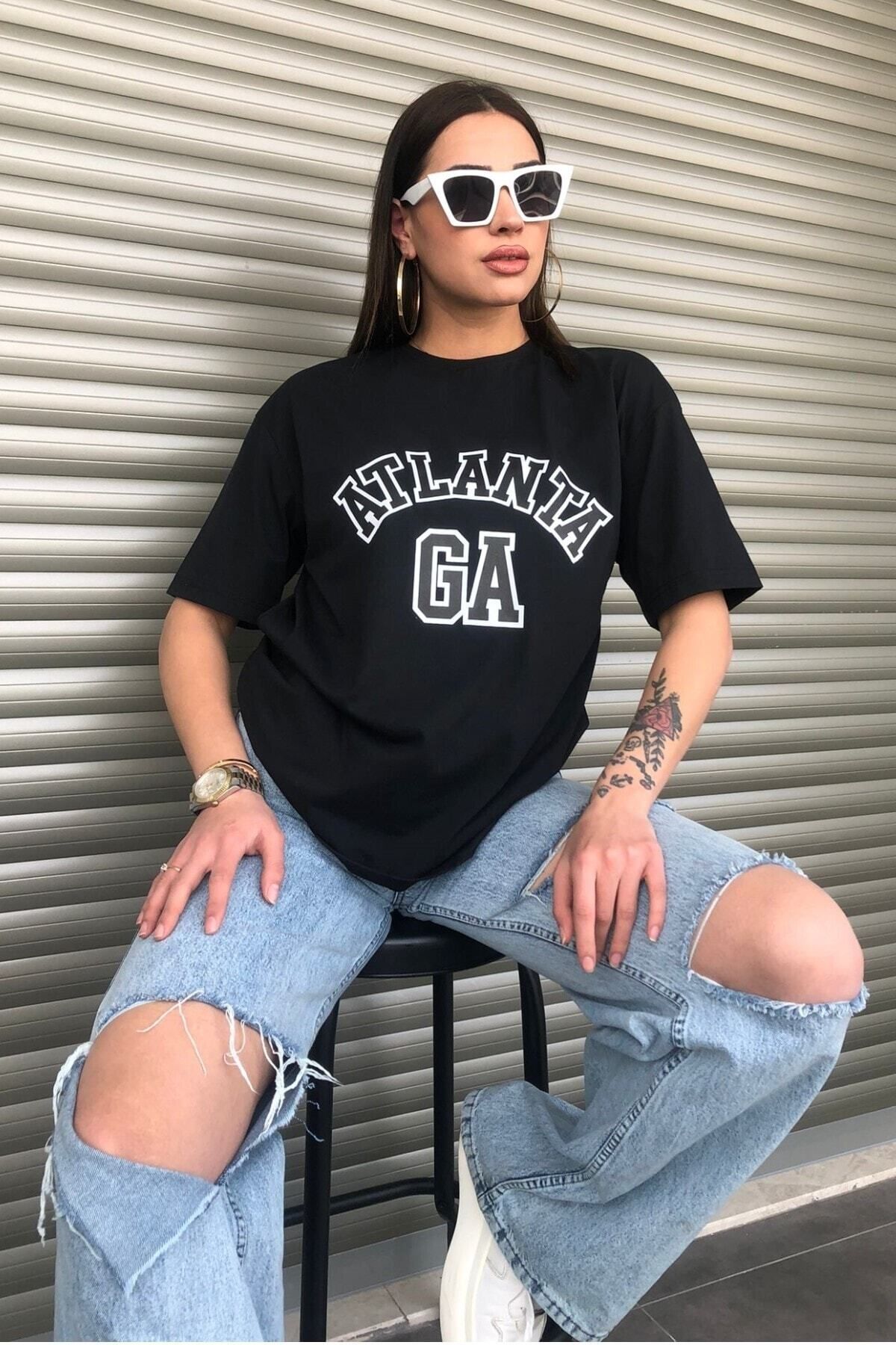 ModaSphere Kadın Siyah Atlanta Baskılı Oversize T-shirt