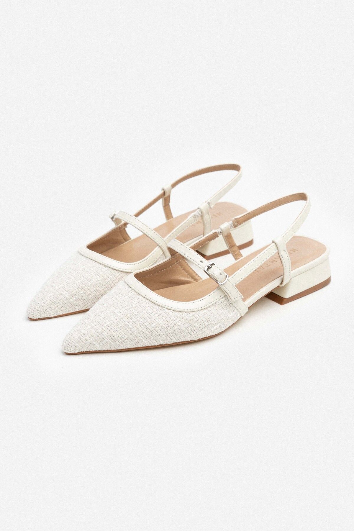 NİŞANTAŞI SHOES-X-Harmony White Rug Belt Detail Pointed Toe Short Heeled Women's Ballerinas 6