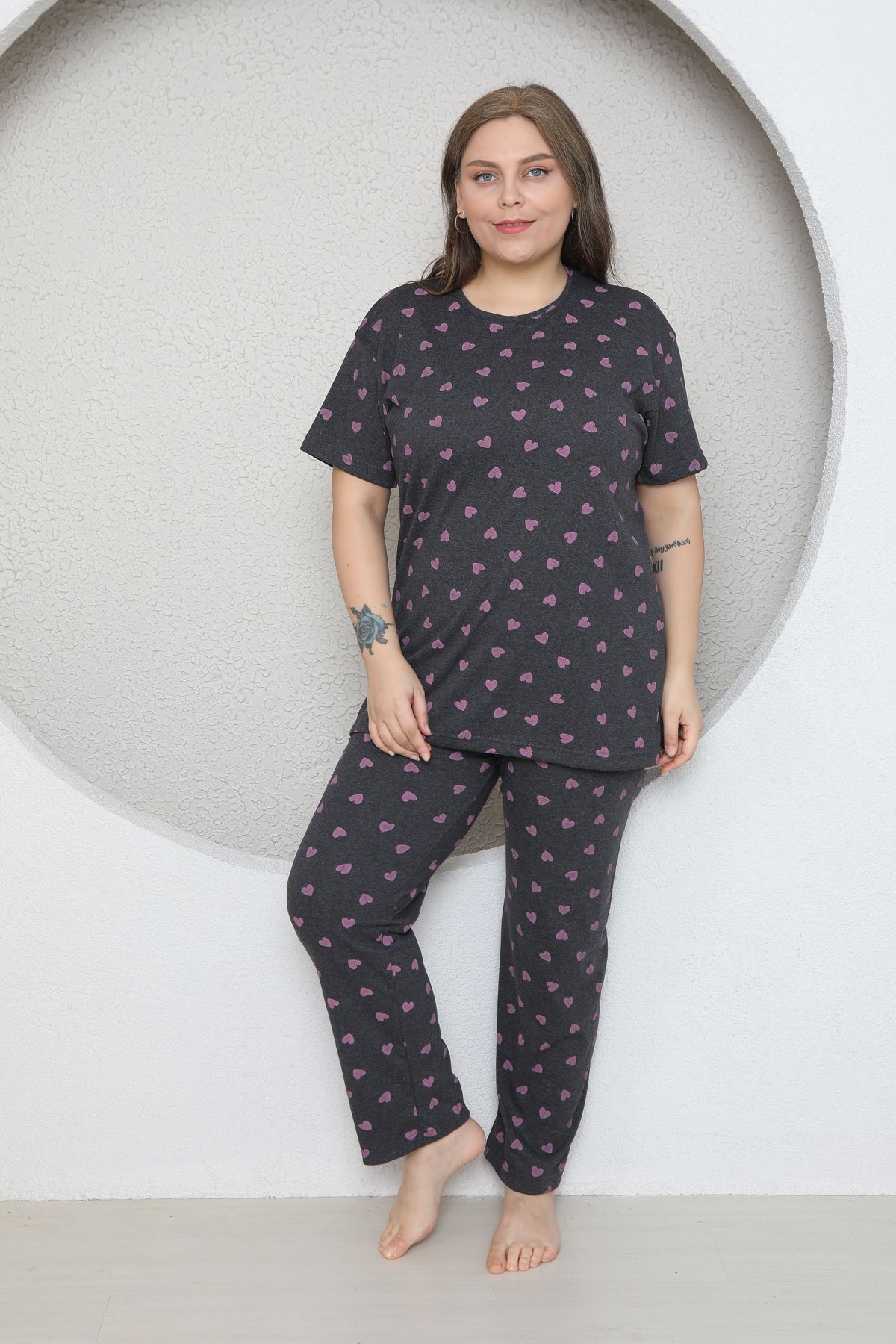 FAMES PİJAMA-Plus Size Pink Small Heart Patterned Pajama Set 1