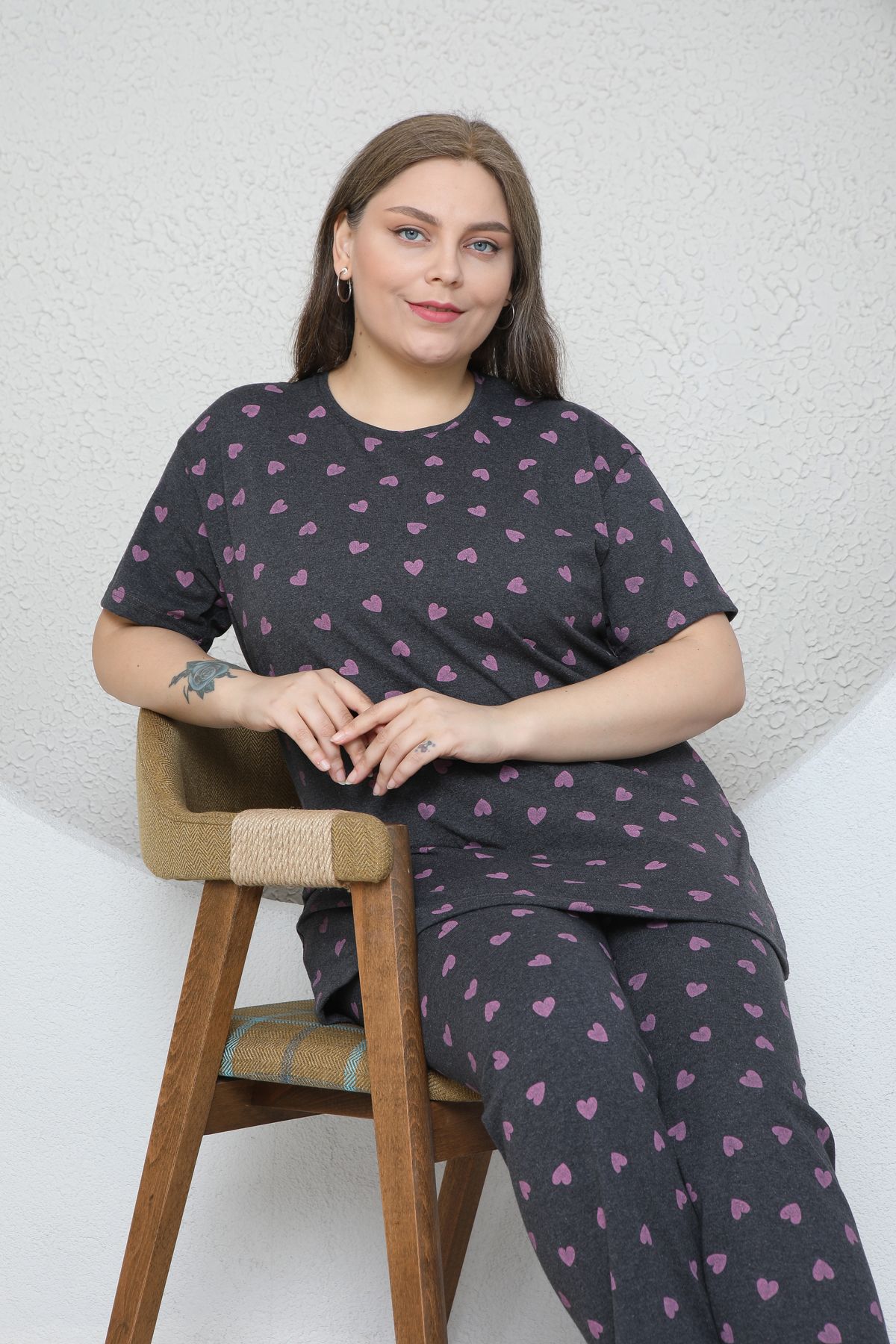 FAMES PİJAMA-Plus Size Pink Small Heart Patterned Pajama Set 7
