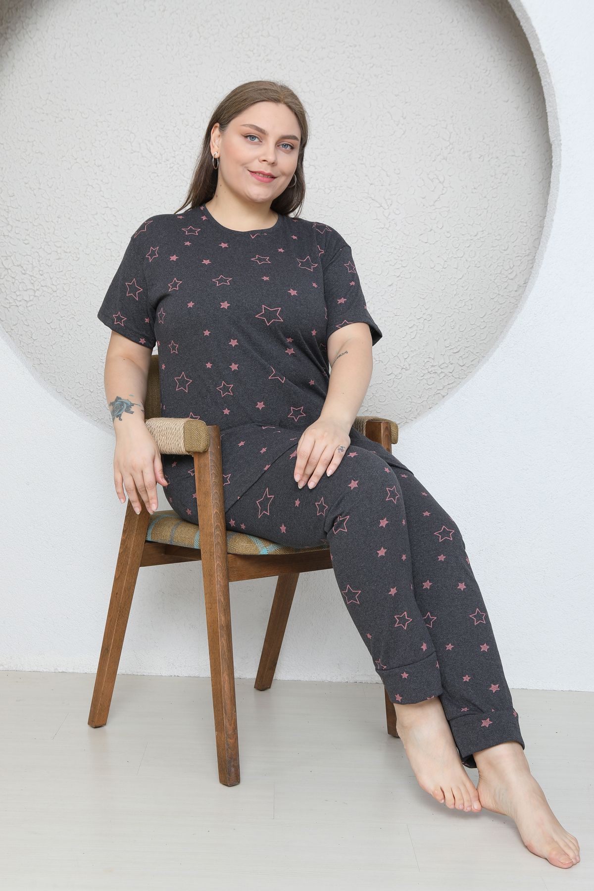 FAMES PİJAMA-Plus Size Star Heart Patterned Pajama Set 3