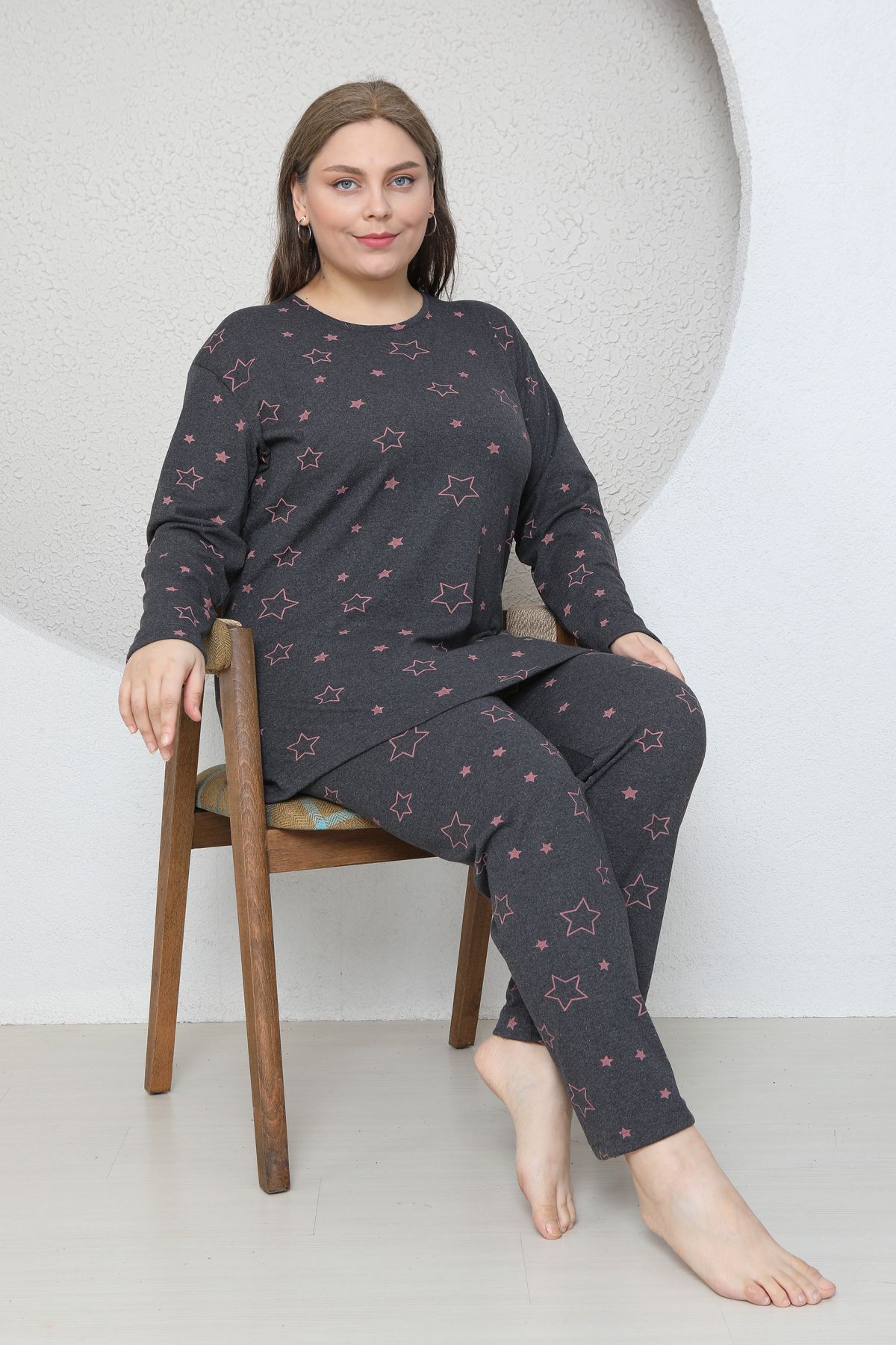 FAMES PİJAMA-Plus Size Star Heart Patterned Pajama Set 2