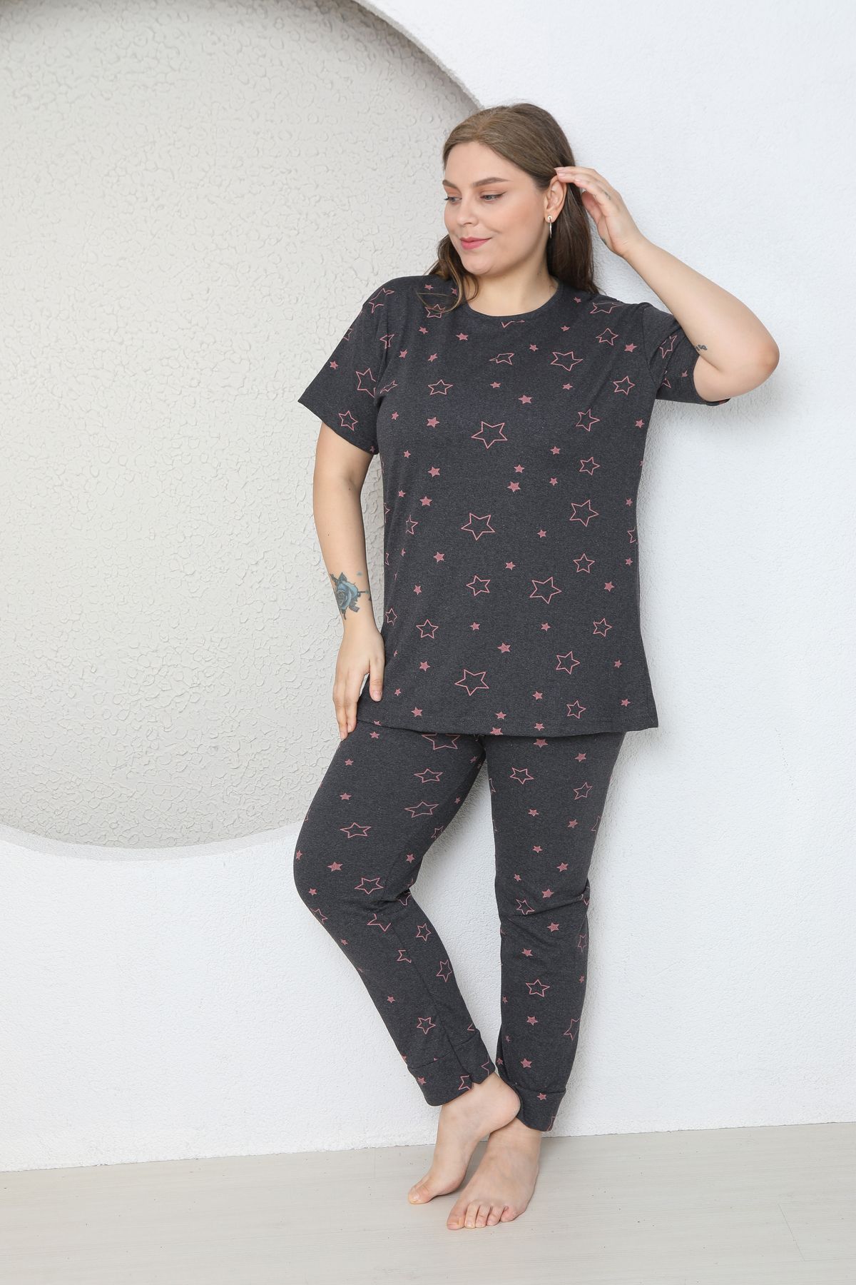 FAMES PİJAMA-Plus Size Star Heart Patterned Pajama Set 2