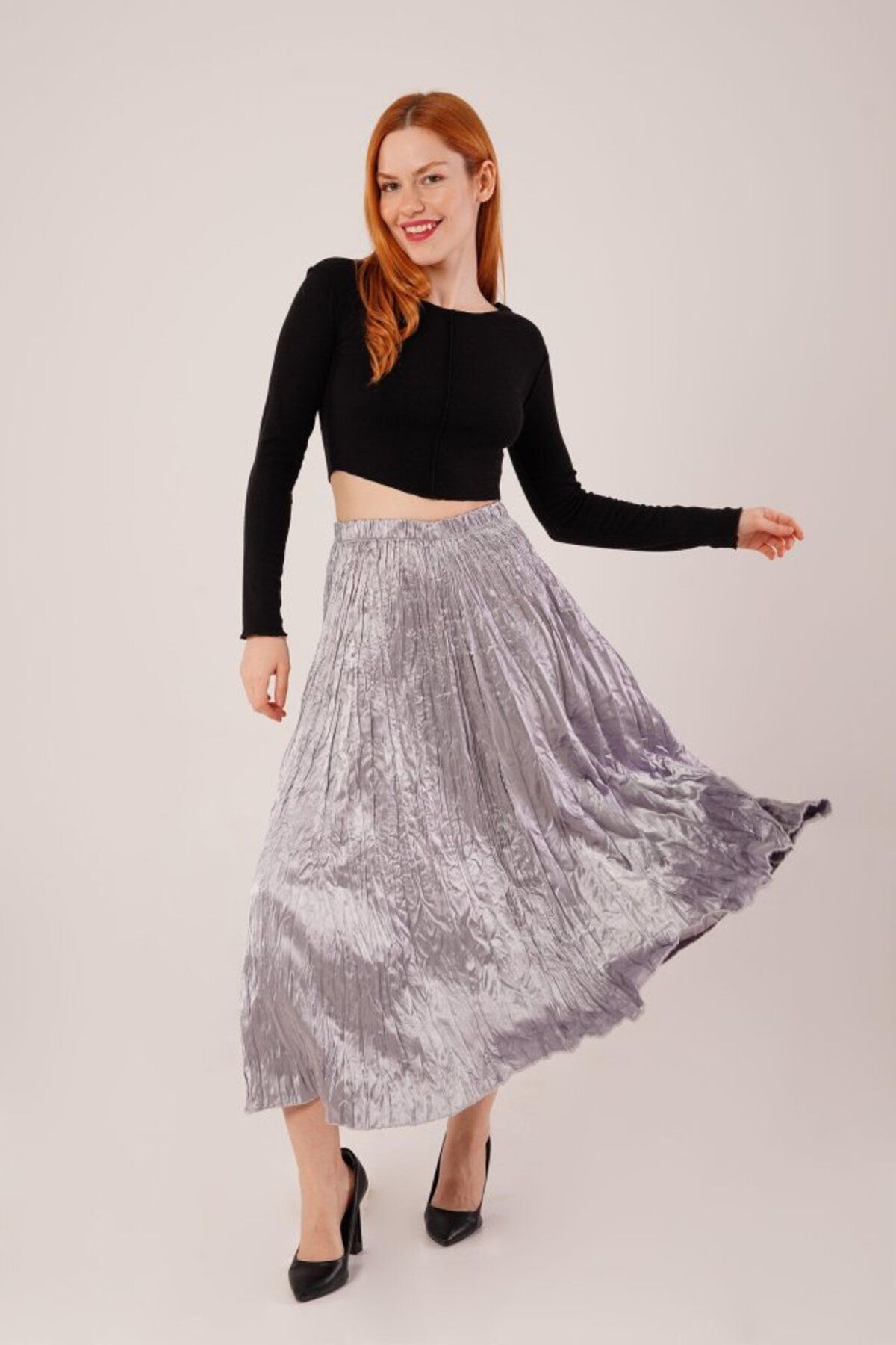 MRA Fashion Midi Boy Pileli Saten Gri Etek