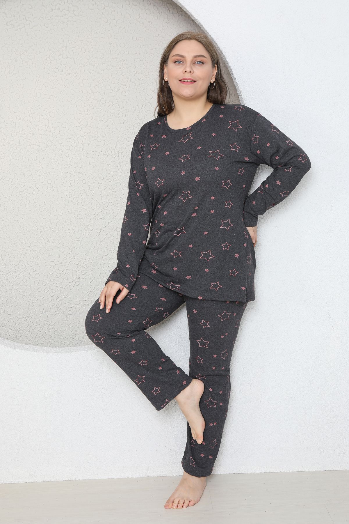 FAMES PİJAMA-Plus Size Star Heart Patterned Pajama Set 1