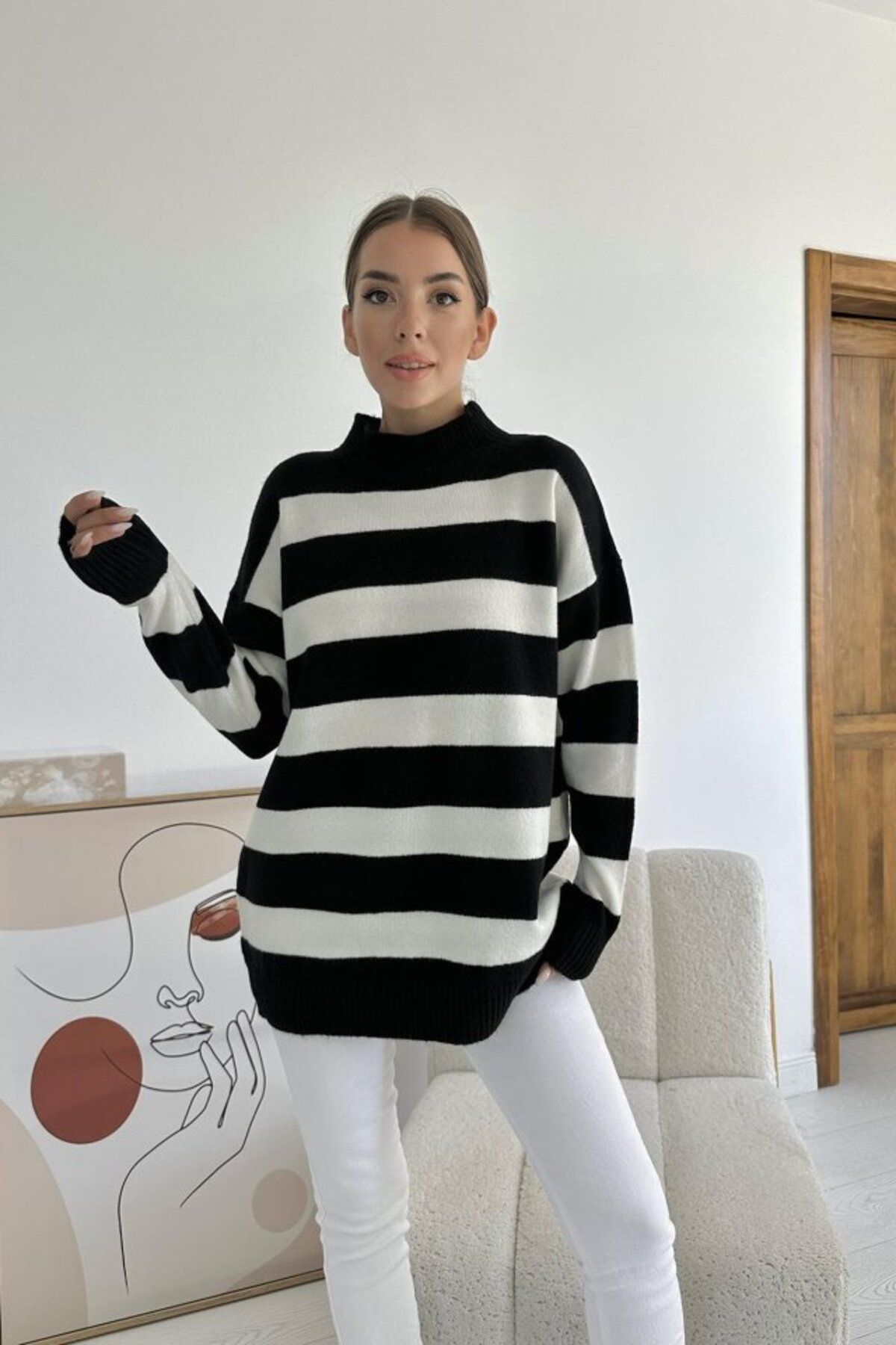 MRA Fashion Siyah Çizgili Triko Kazak