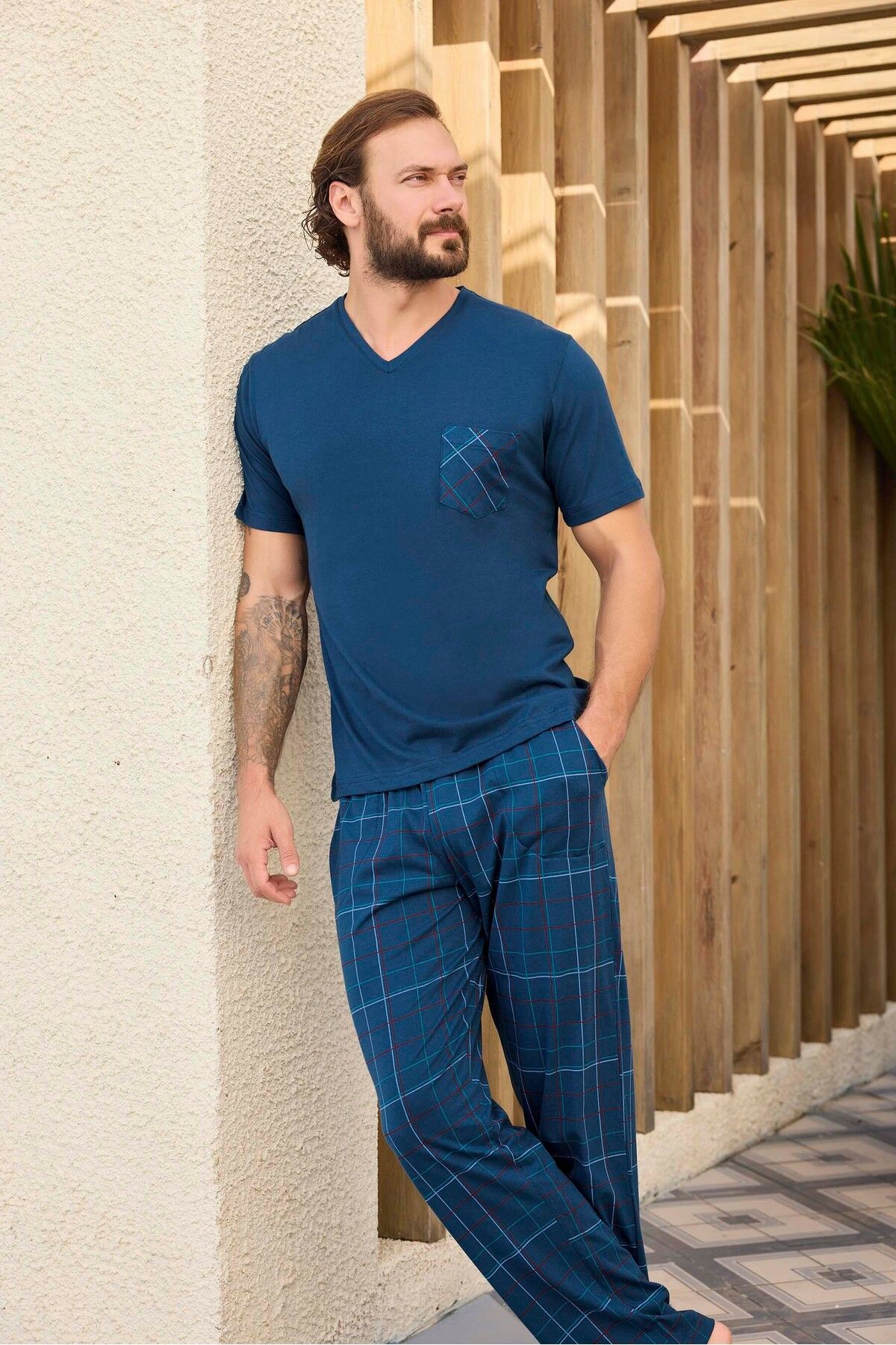 Aydoğan-Lodos Store Aydoğan Men's Single Jersey V-Neck Short Sleeve Plaid Patterned Cotton Pajama Set Cobalt Blue 1