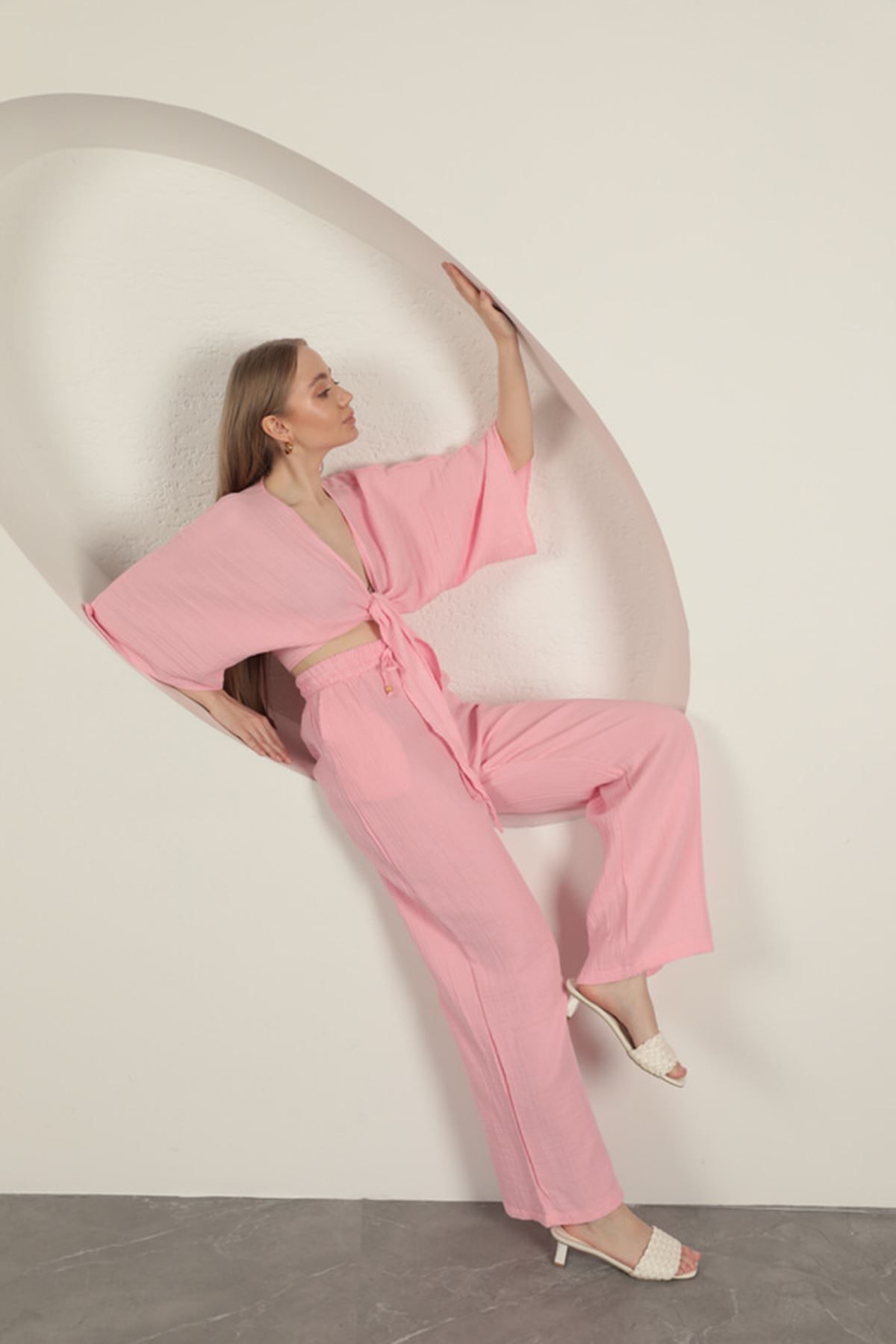 Graph Müslin Kumaş Kimono-Pembe