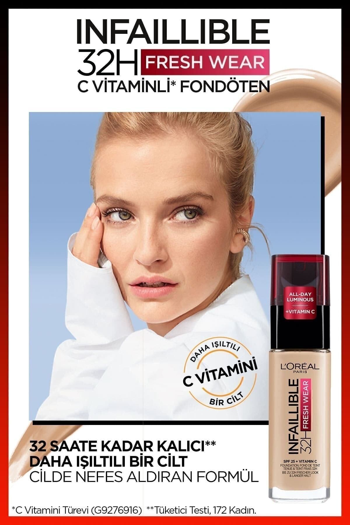 L'Oreal Paris کرم پودر Infaillible 32H Fresh Wear با ویتامین C رنگ کتانی طبیعی شماره 200