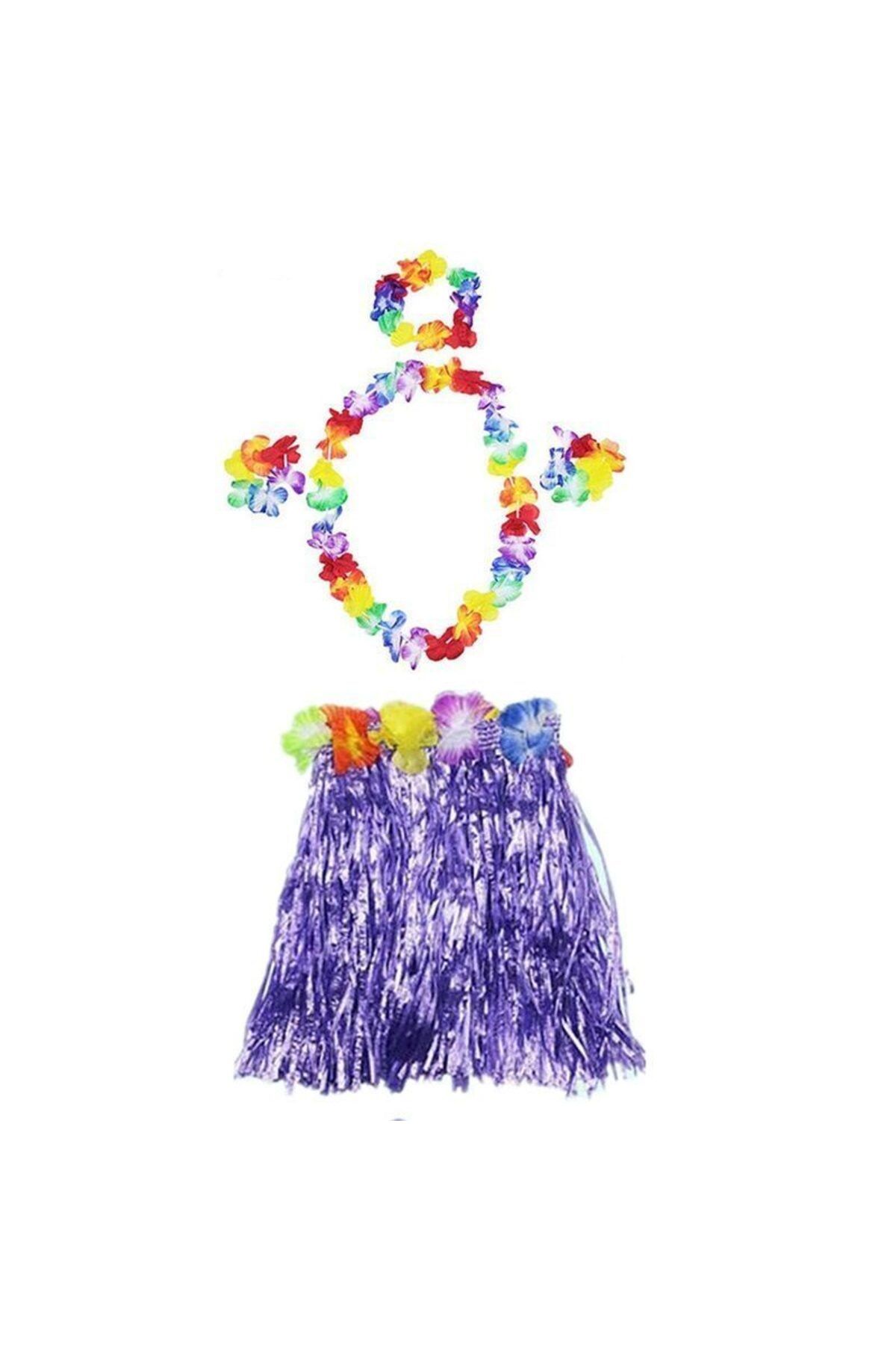 Kuzgun Ticaret Luau Aloha Hawaii Kolye Etek Taç ve Bileklik Seti Mor