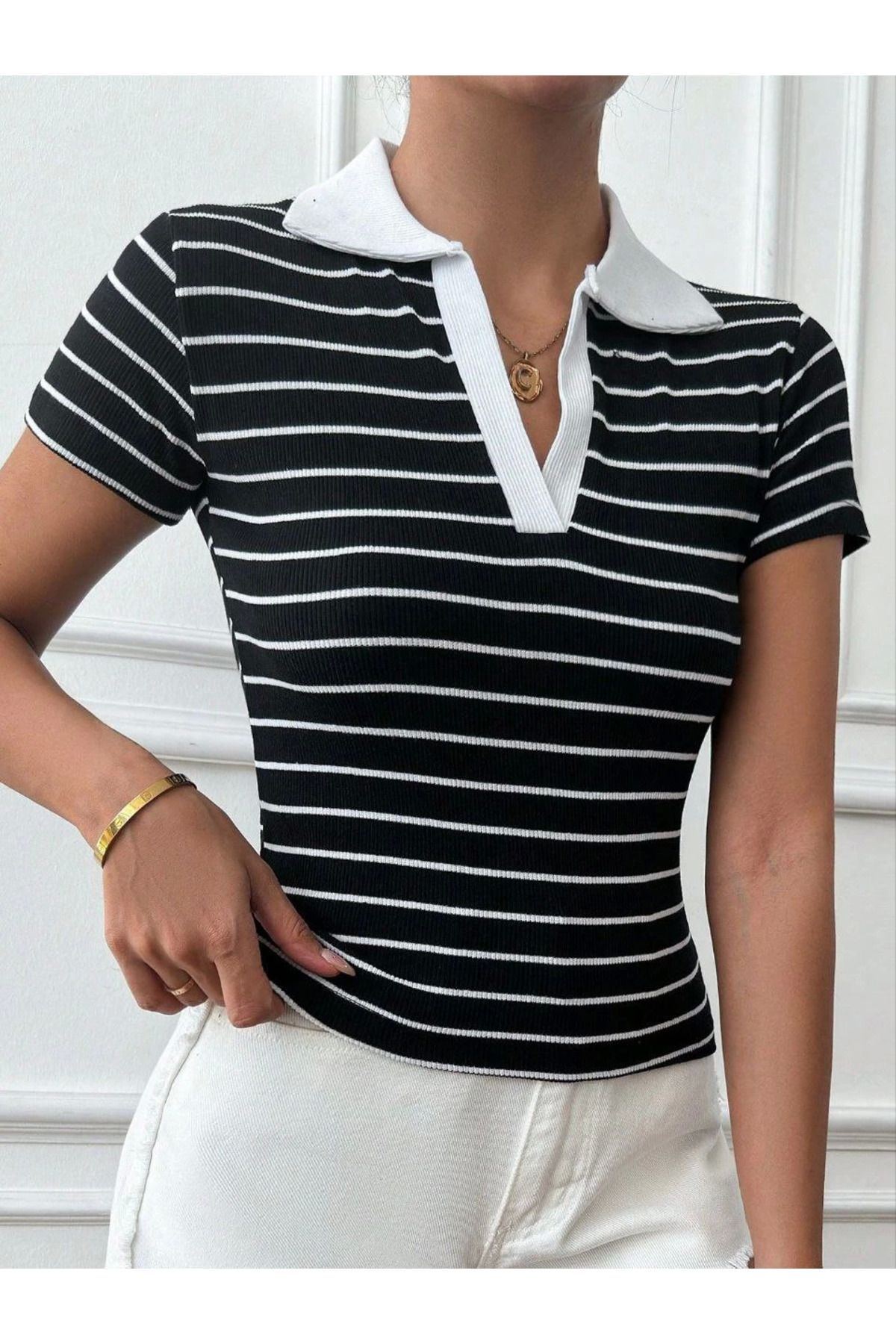THEFOF Çizgili polo yaka crop bluz triko yumuşacık pamuklu