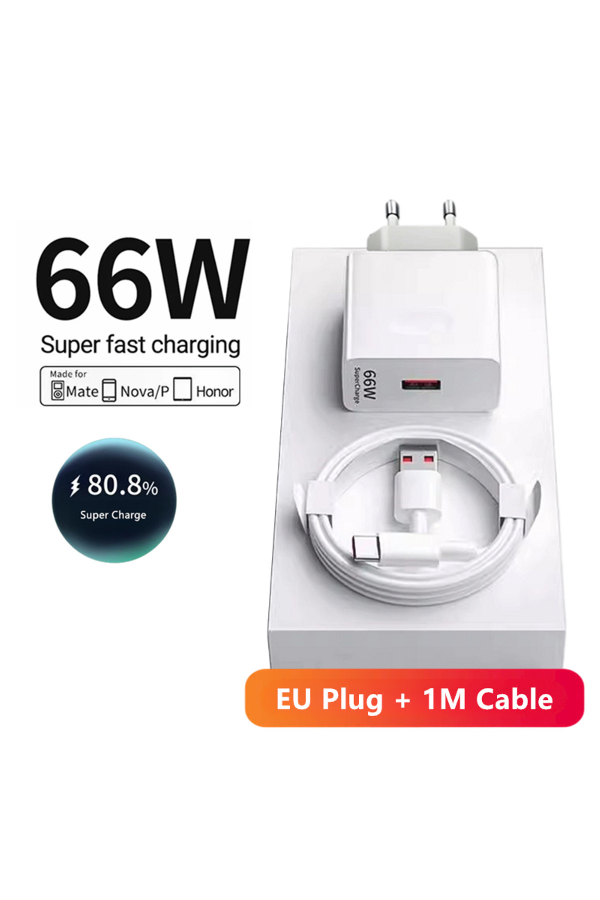 Choice EU Plug - 1m Cable 6A 66W Super Fast EU Wall Charger For Huawei Mate 40 50 60 P50 Nova 8 9 10 Honor