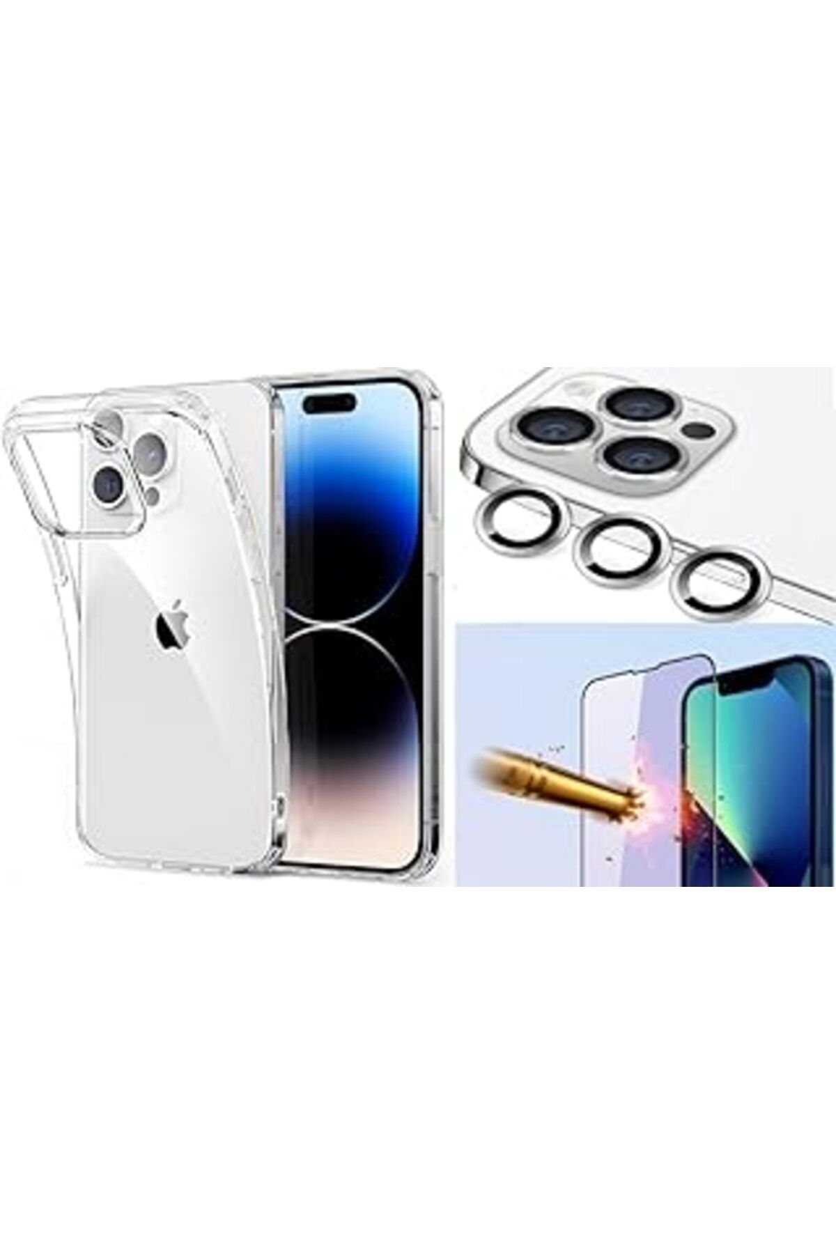 Pazarcan Happy Trend Iphone 14 Pro Koruma Paketi Ekran Koruyucu + Lens Koruyucu + Şeffaf Kilıf 3 Ürün Birden