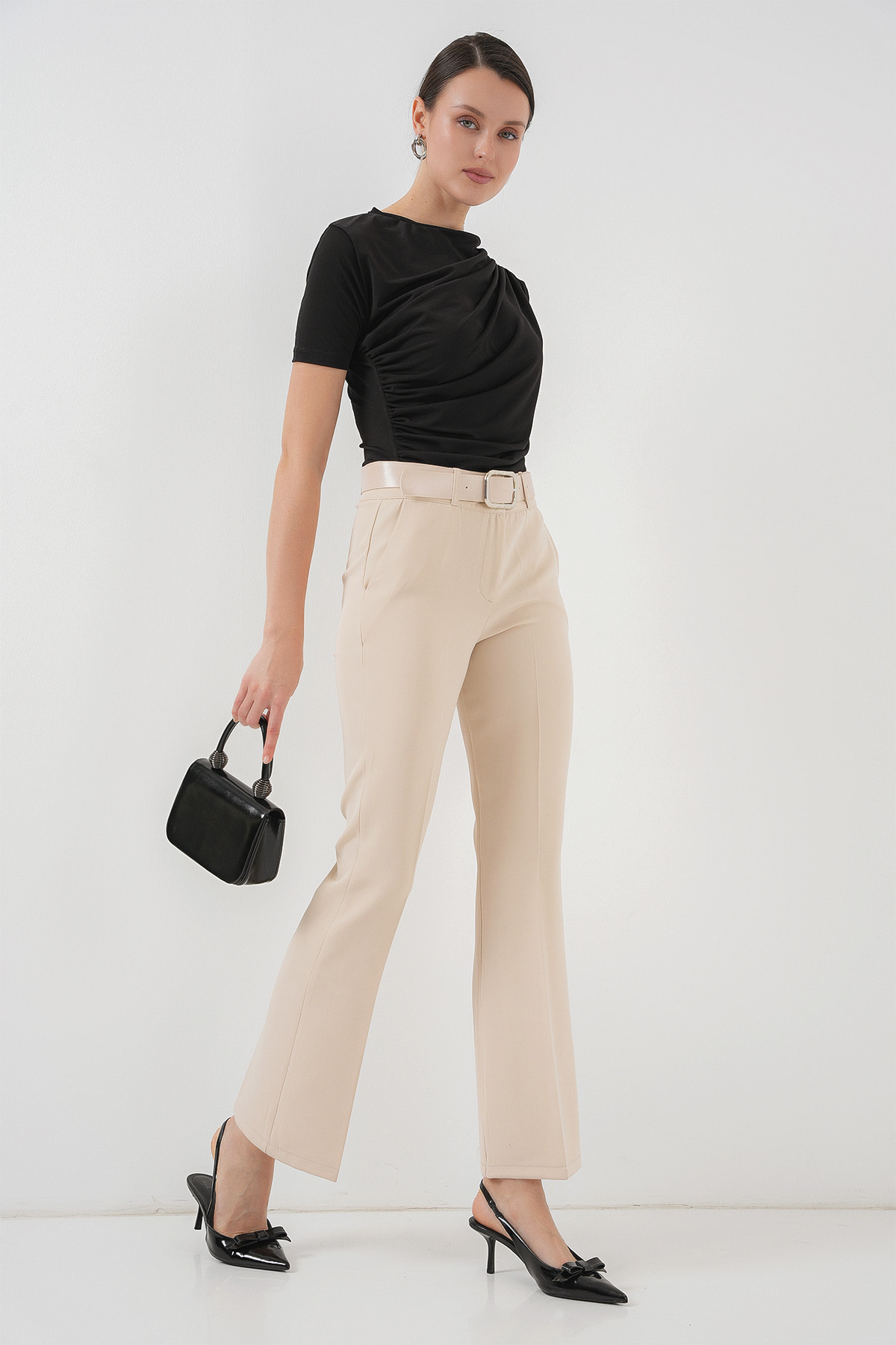 Bigdart-6538 Belted Flared Trousers - Cream 1