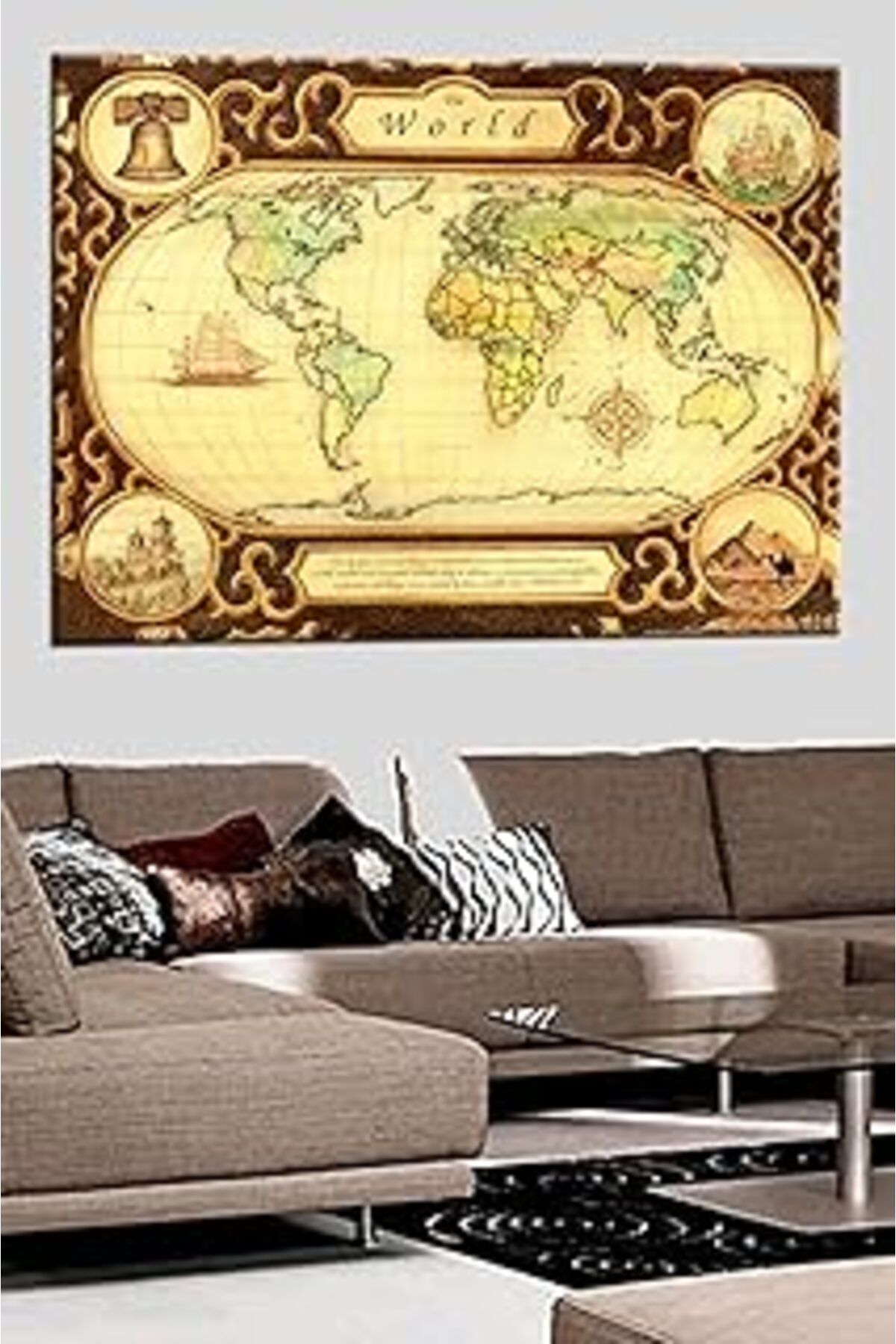 Pazarcan Talya Tablo Eski Antik Dünya Haritası Oldmap. Soyut Klasik Rönesans Sürreal Natürmort Vintage Retro