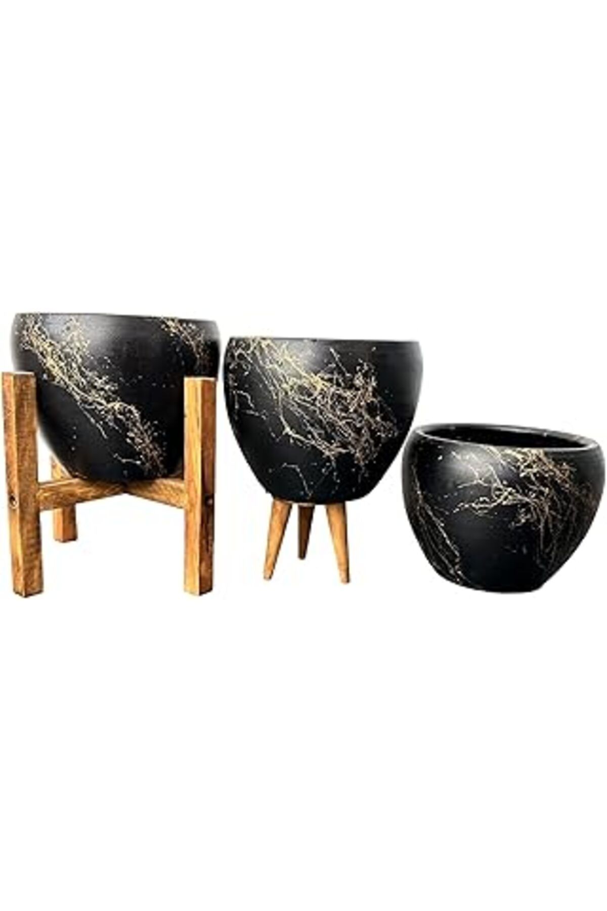 Mu Art Ahşap Bitki Tasarımı Ev Dekorasyon Siyah Üzeri Gold Mermer Efektli Toprak Saksı Saksılık Salon Çiçeklik Ü