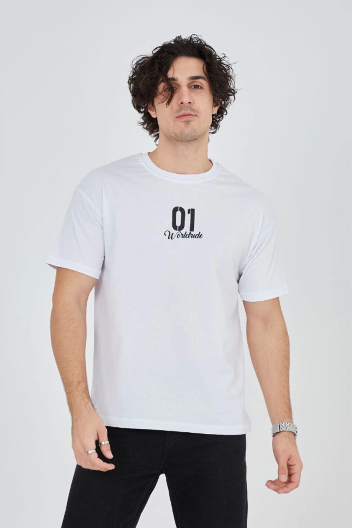 Asap Erkek Bisiklet Yakalı Baskılı T-Shirt - Beyaz