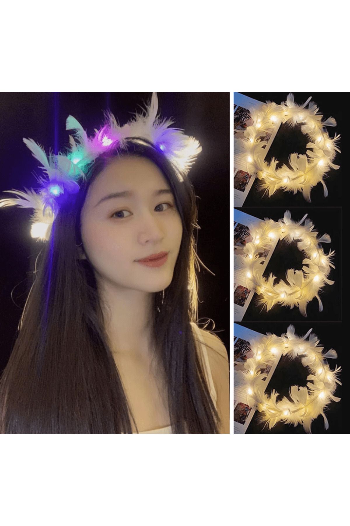 Lisinya Led Işıklı Rengarenk Yanan 3 Fonksiyonlu Otrişli Parti Tacı Renkli 12x12 cm