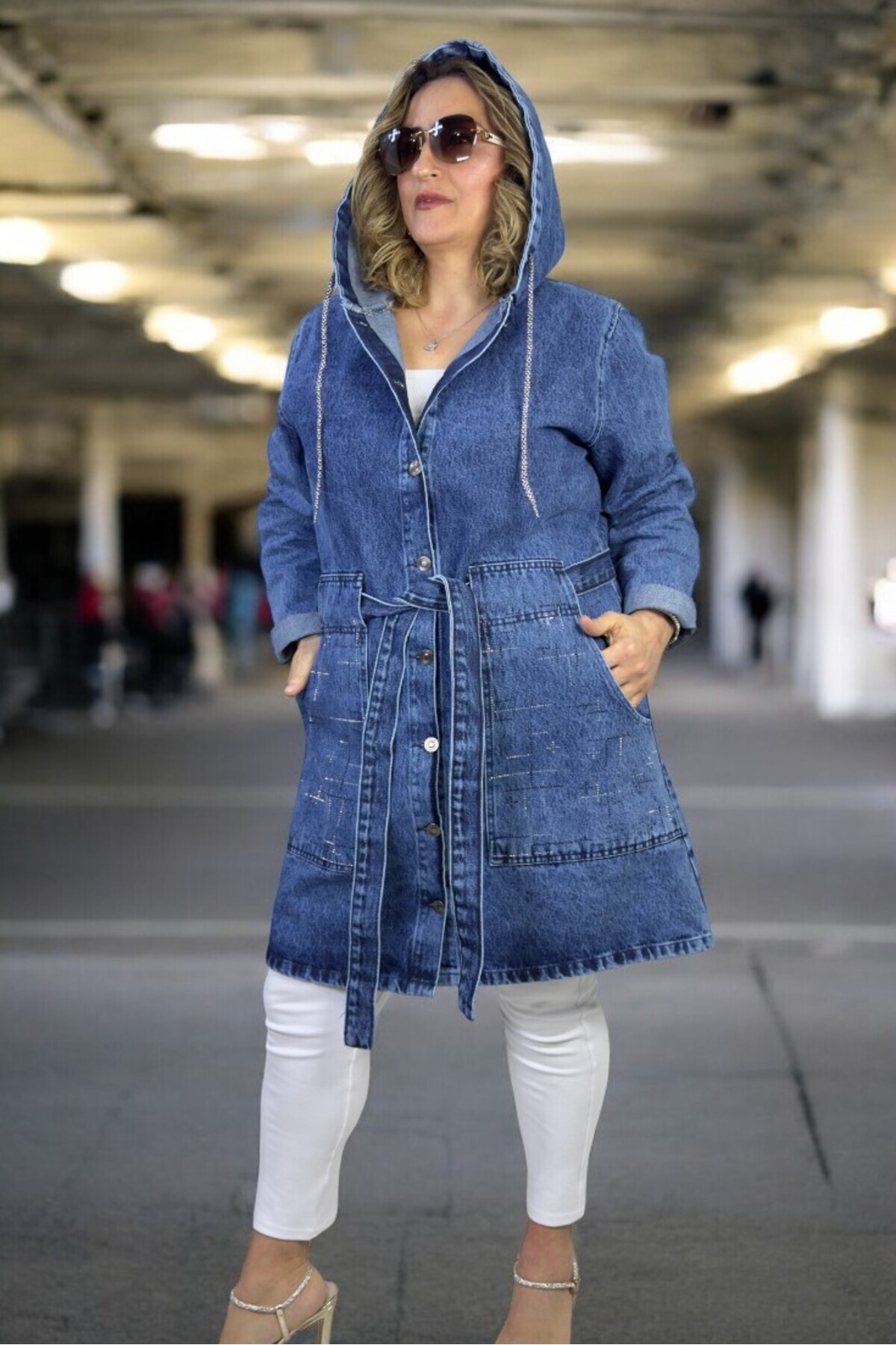 yagmurberen-Metal Button Closure Hooded Stone Decoration Detail with Belt Large Size Denim Jacket 5