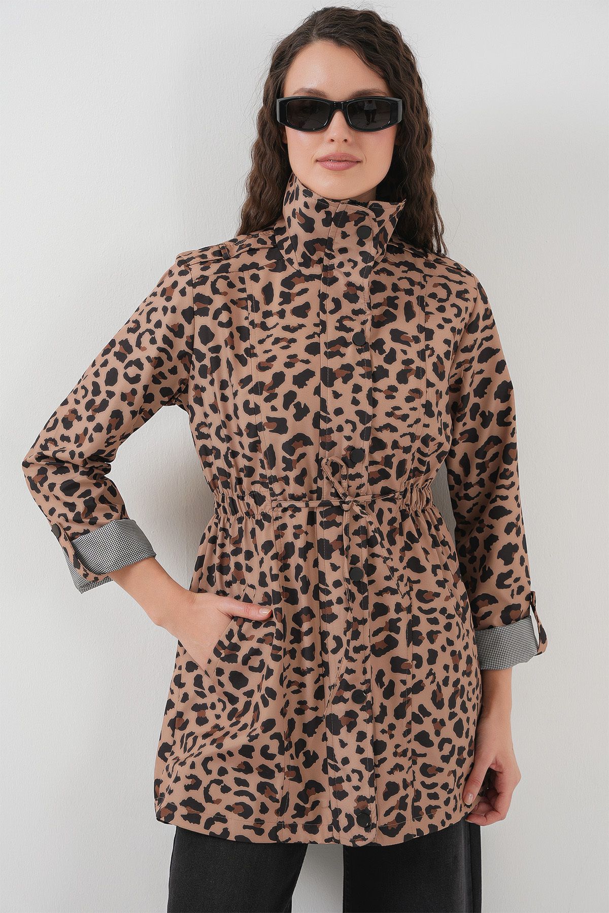Bigdart-10322 Shirred Waist Trench Coat - B.Brown 3