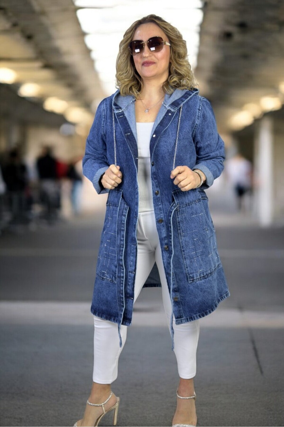 yagmurberen-Metal Button Closure Hooded Stone Decoration Detail with Belt Large Size Denim Jacket 1