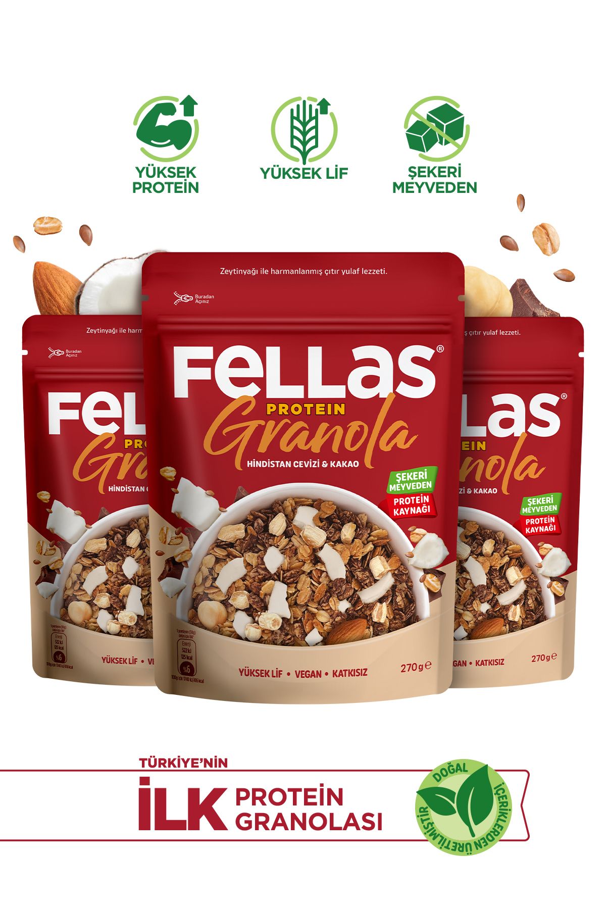 Fellas Protein Granola - Hindistan Cevizi & Kakao 270g - 3'lü Paket