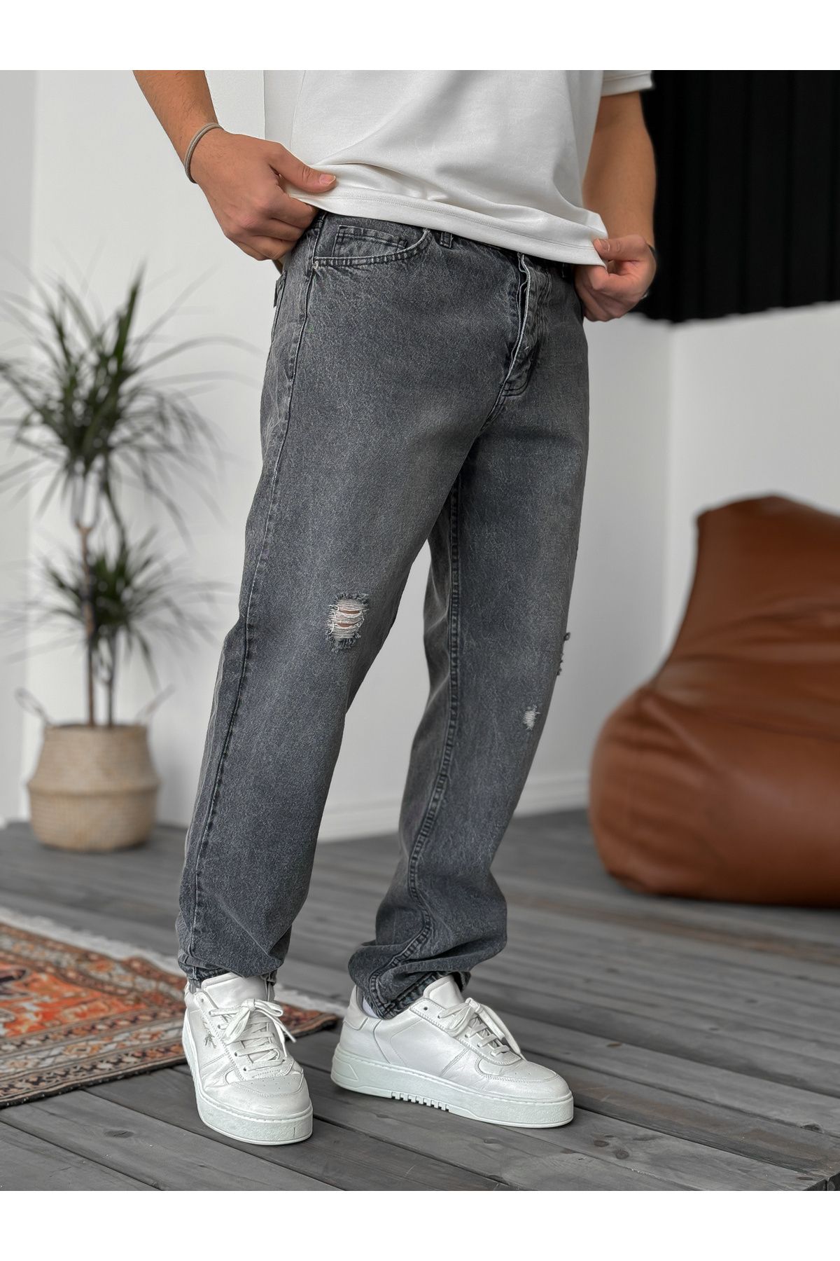 BYBASICMAN-Gray Ripped Baggy Trousers Ke-179/146/089/158 3