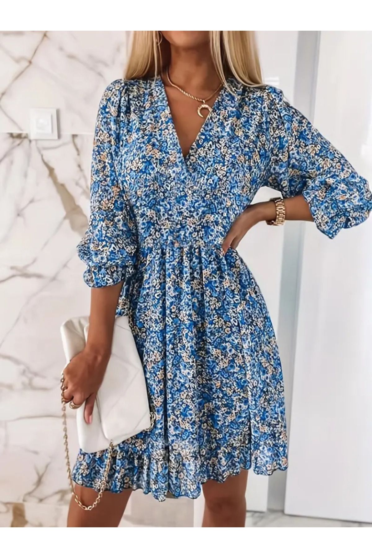 MRA Fashion Kadın Fakir Kol Kruvaze Yakalı Beli Lastikli çiçek Desenli Süprem Elbise